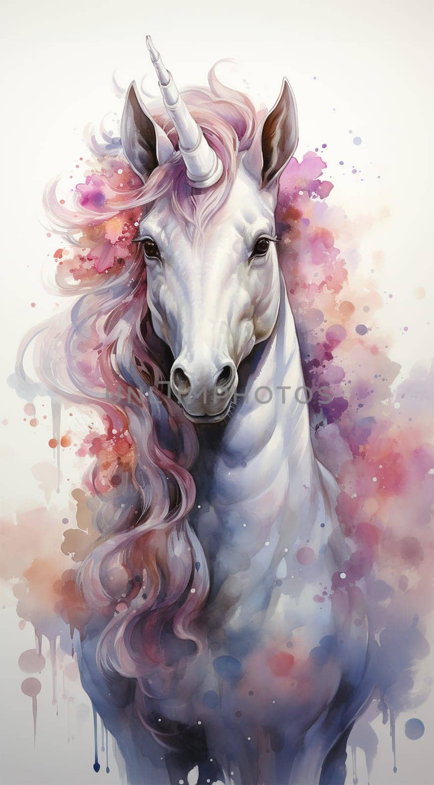 Magical cute unicorn pink fantasy background. Watercolor unicorn, magical unicorn pastel colored illustration white background. by Annebel146