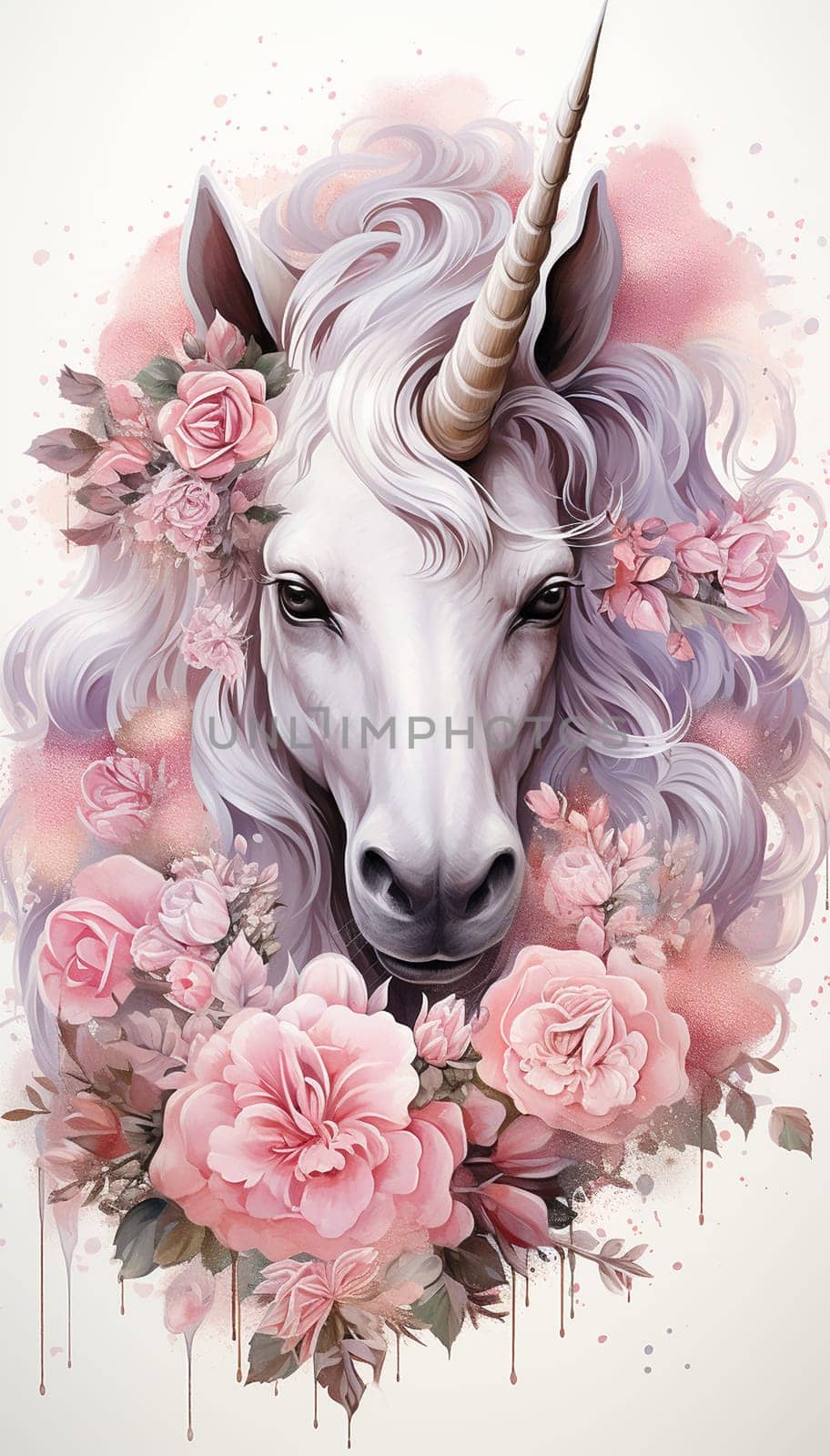 Magical cute unicorn pink fantasy background. Watercolor unicorn, magical unicorn pastel colored illustration white background. by Annebel146