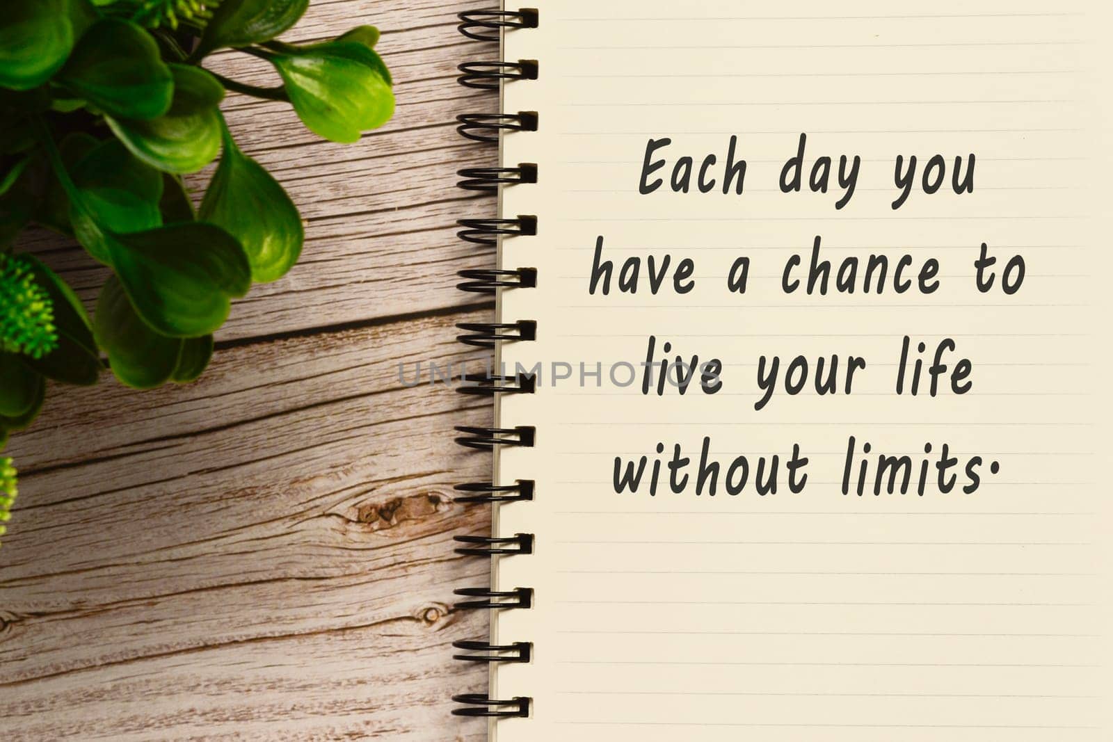 Motivational quote on notepad with potted plant - Each day you have a chance to live your life without limits.