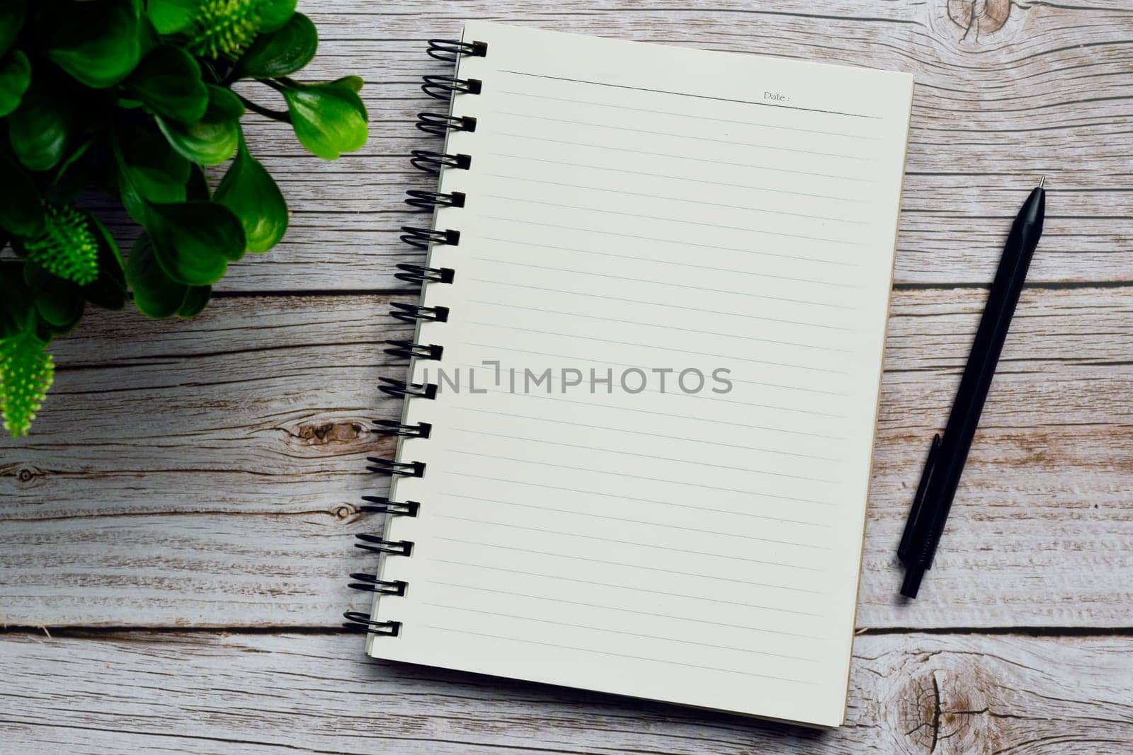 Directly above view of a desk with pen, notepad and plant. Flat lay. Copy space.