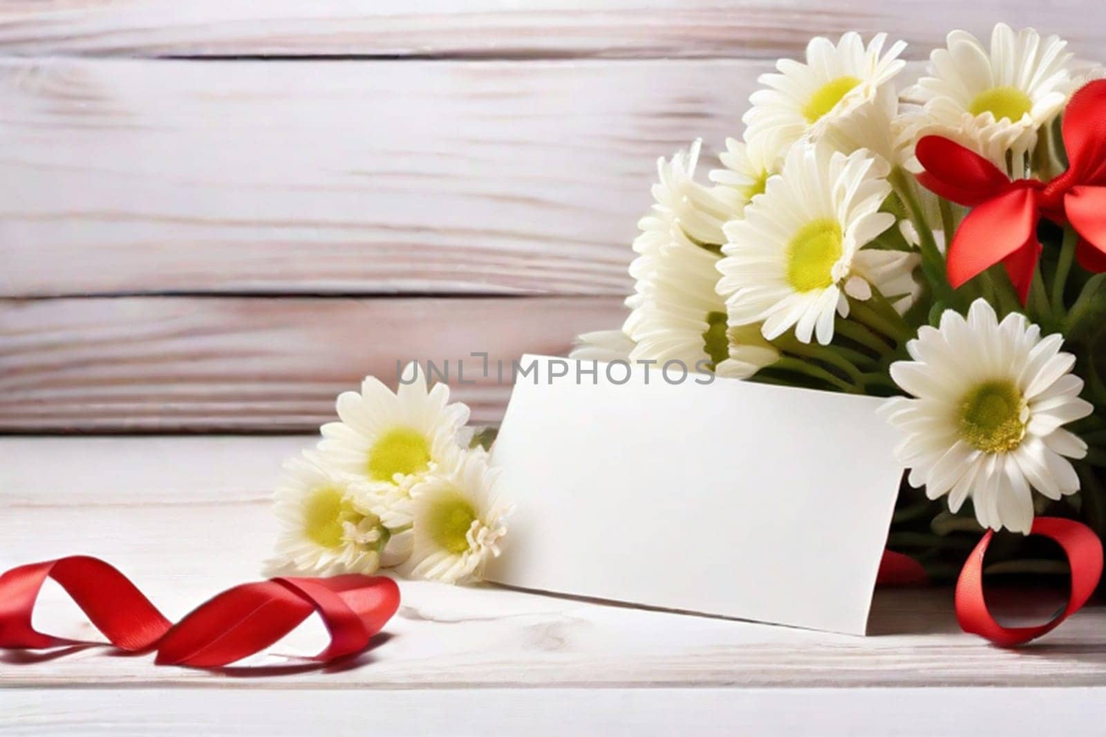 A bouquet of white daisies and a gift box on a table with red satin ribbons, a sheet of notes and red hearts on a light background. Gift for Valentine's Day. by Ekaterina34