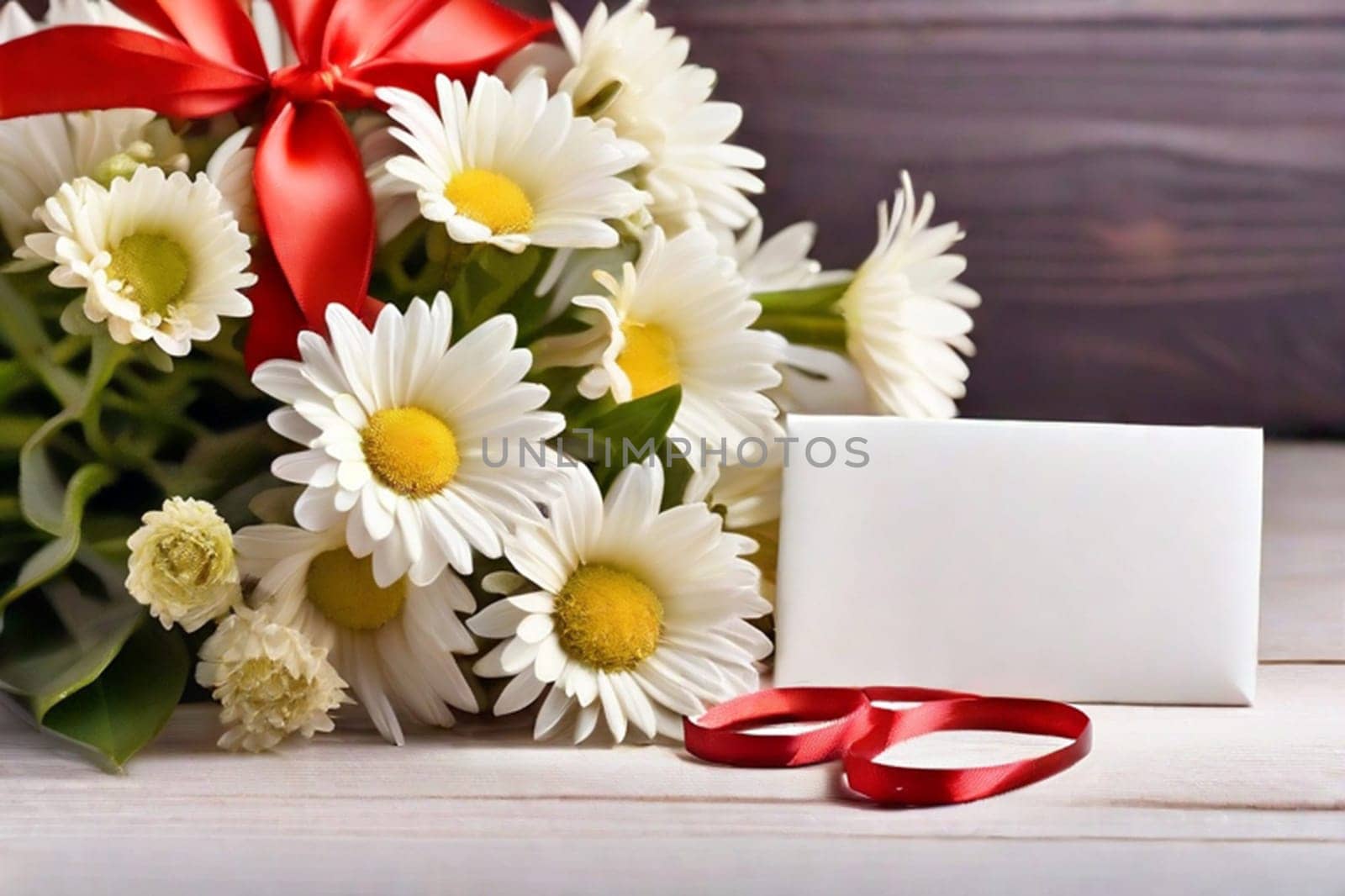 A bouquet of white daisies and a gift box with red satin ribbons. Gift for Valentine's Day