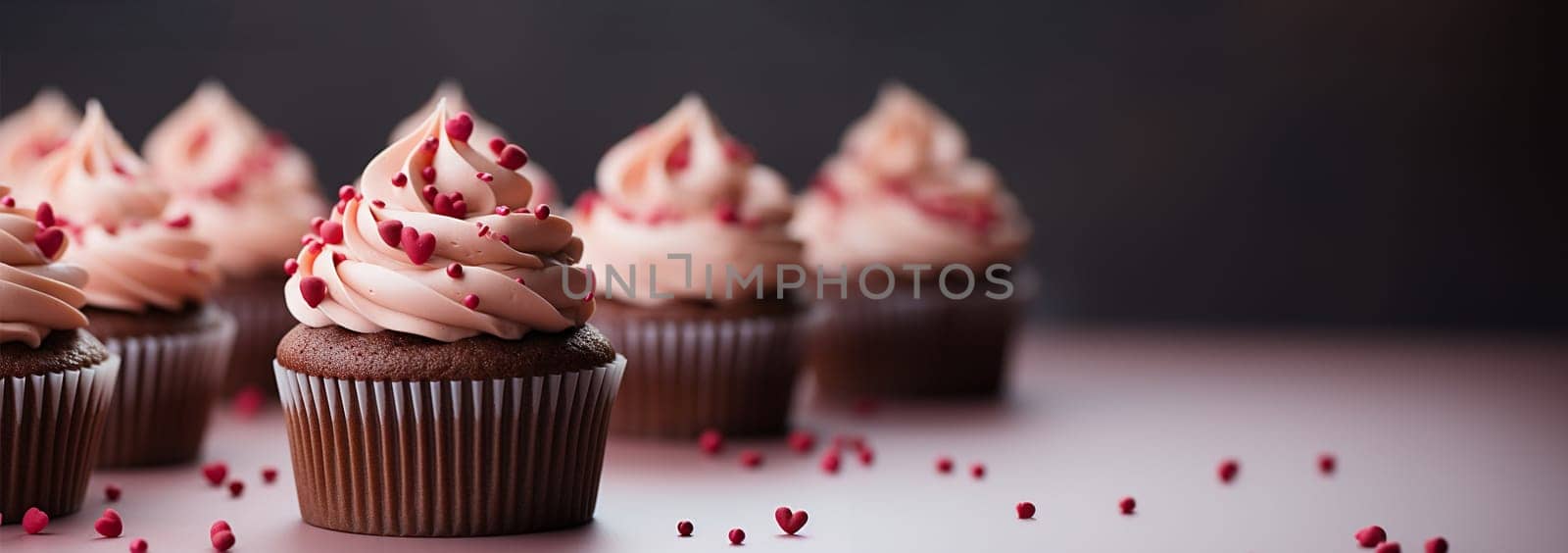 Banner Festive cupcakes with a heart inside for Valentine's Day decorated with sprinkles with hearts. Love concept. Selective focus. Delicious sweets Valentine's Day by Annebel146