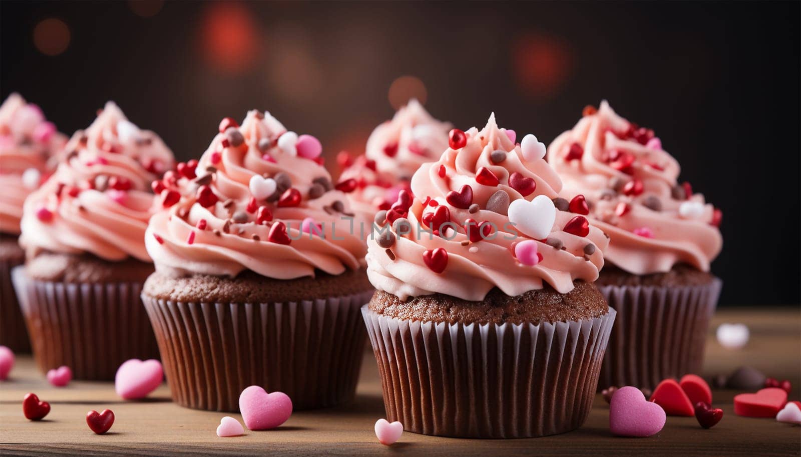 Festive cupcakes with a heart inside for Valentine's Day decorated with sprinkles with hearts. Love concept. Selective focus. Delicious sweets Valentine's Day by Annebel146