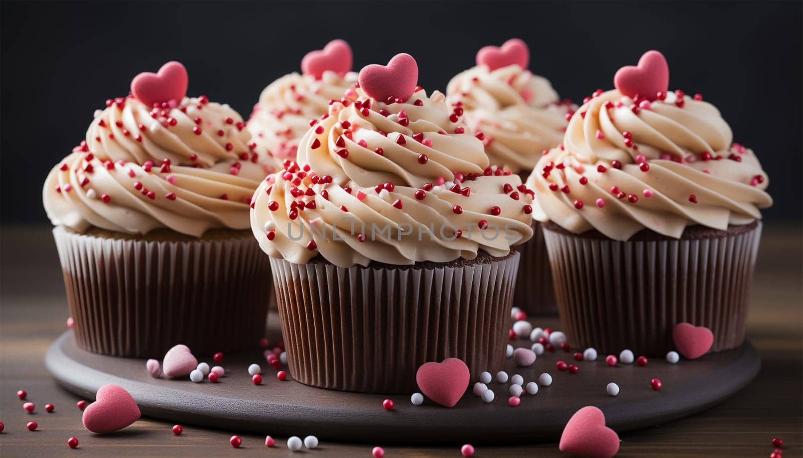 Festive cupcakes with a heart inside for Valentine's Day decorated with sprinkles with hearts. Love concept. Selective focus. Delicious sweets Valentine's Day Copy space