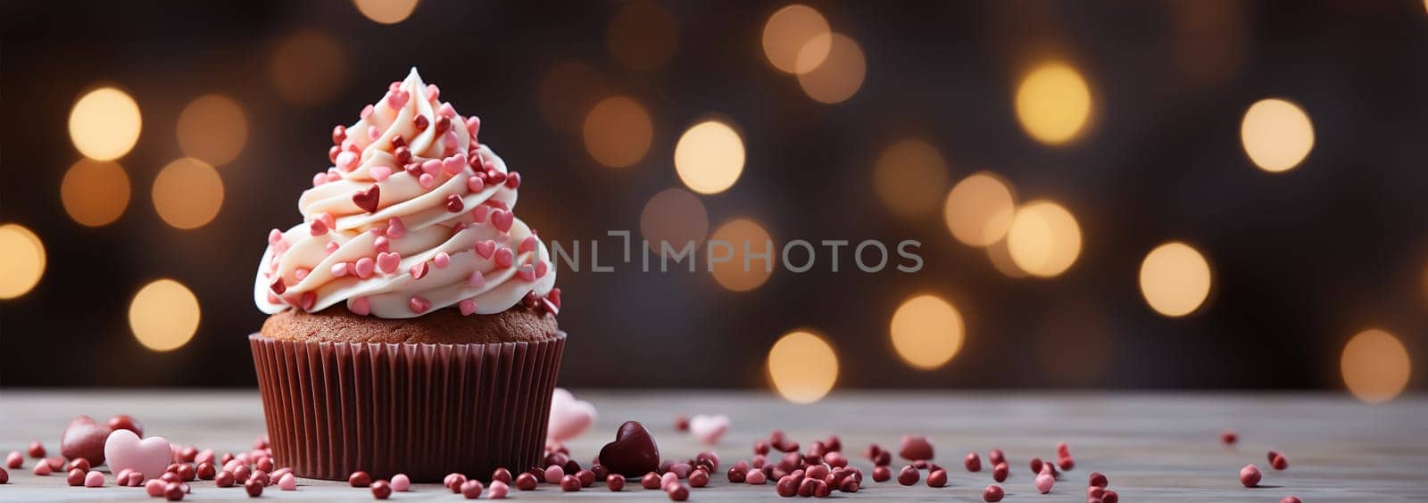 Banner Festive cupcakes with a heart inside for Valentine's Day decorated with sprinkles with hearts. Love concept. Selective focus. Delicious sweets Valentine's Day by Annebel146