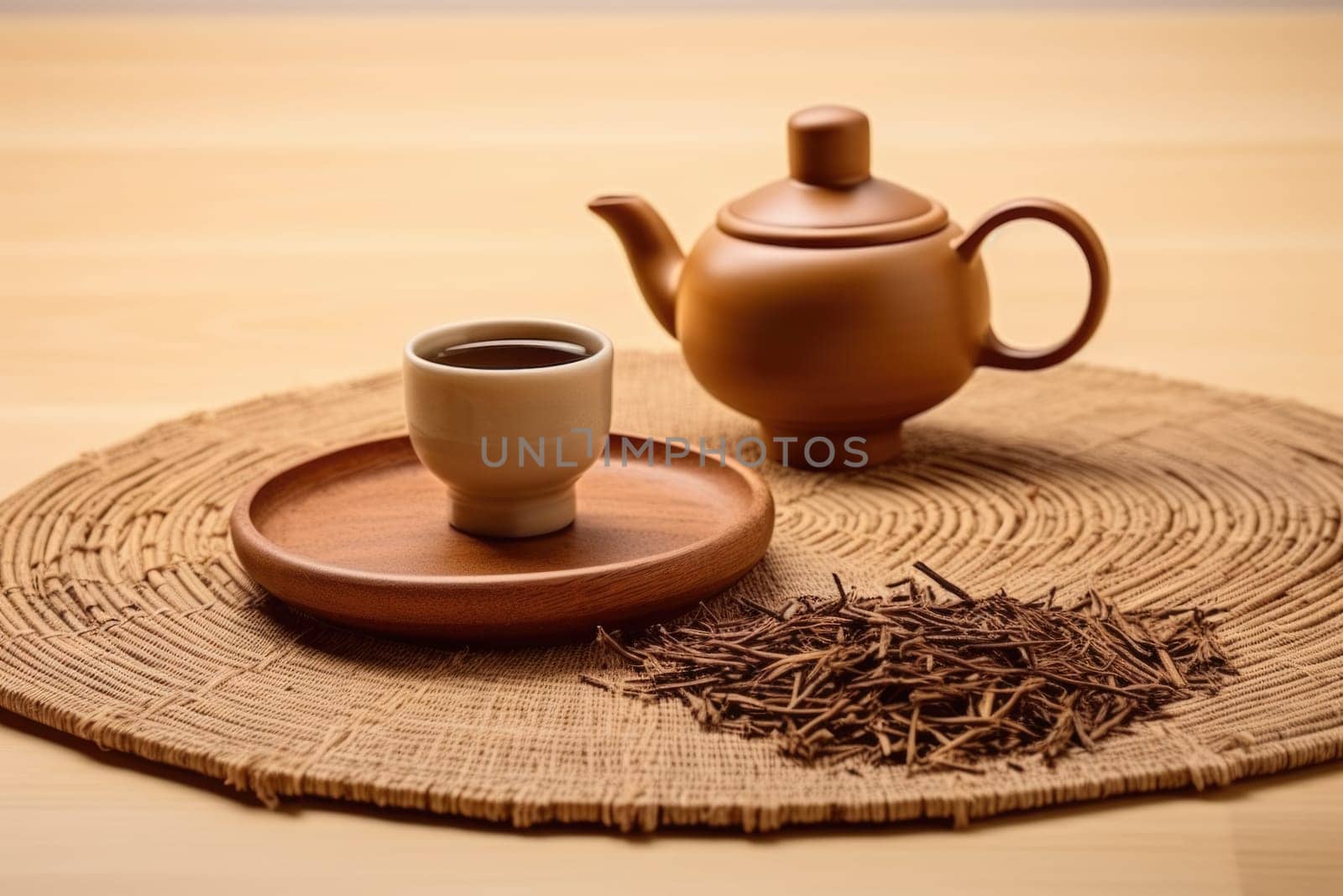 Bamboo mat with teapot and dried tea leaves on beige background. AI Generated