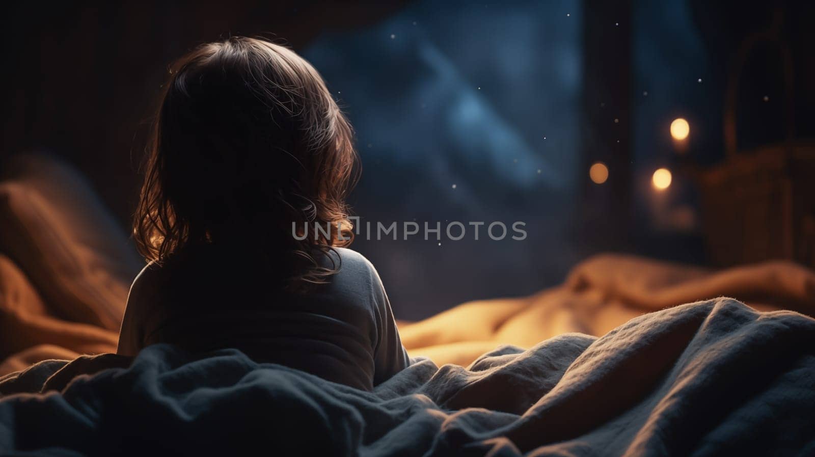 Back View Of Little Boy, Kid or Baby Sitting On Bed Under Blanket, Waiting For Tooth Fairy, Magic. Getting Ready To Sleep. Bedtime and Happy Dreams. Preschool Child. Ai Generated Horizonal, Copyspace