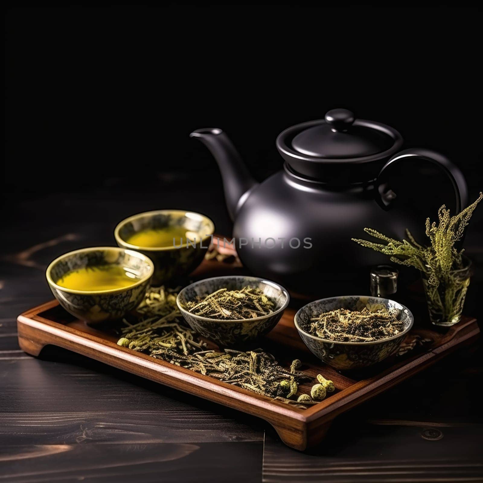 Hot Teapot And Teacups On wooden Mat, dark background. AI Generated