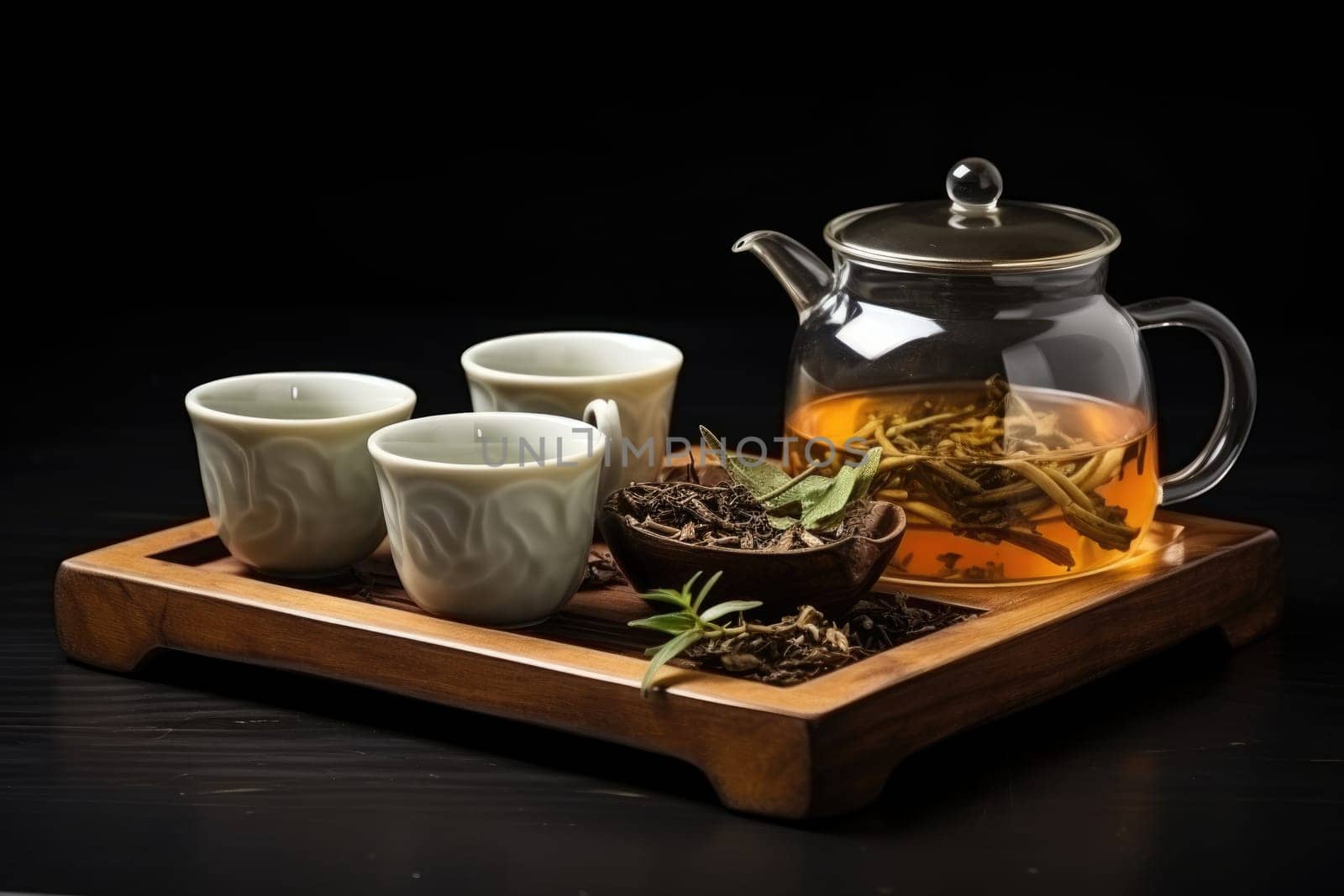 Hot Teapot And Teacups On wooden Mat, dark background. AI Generated