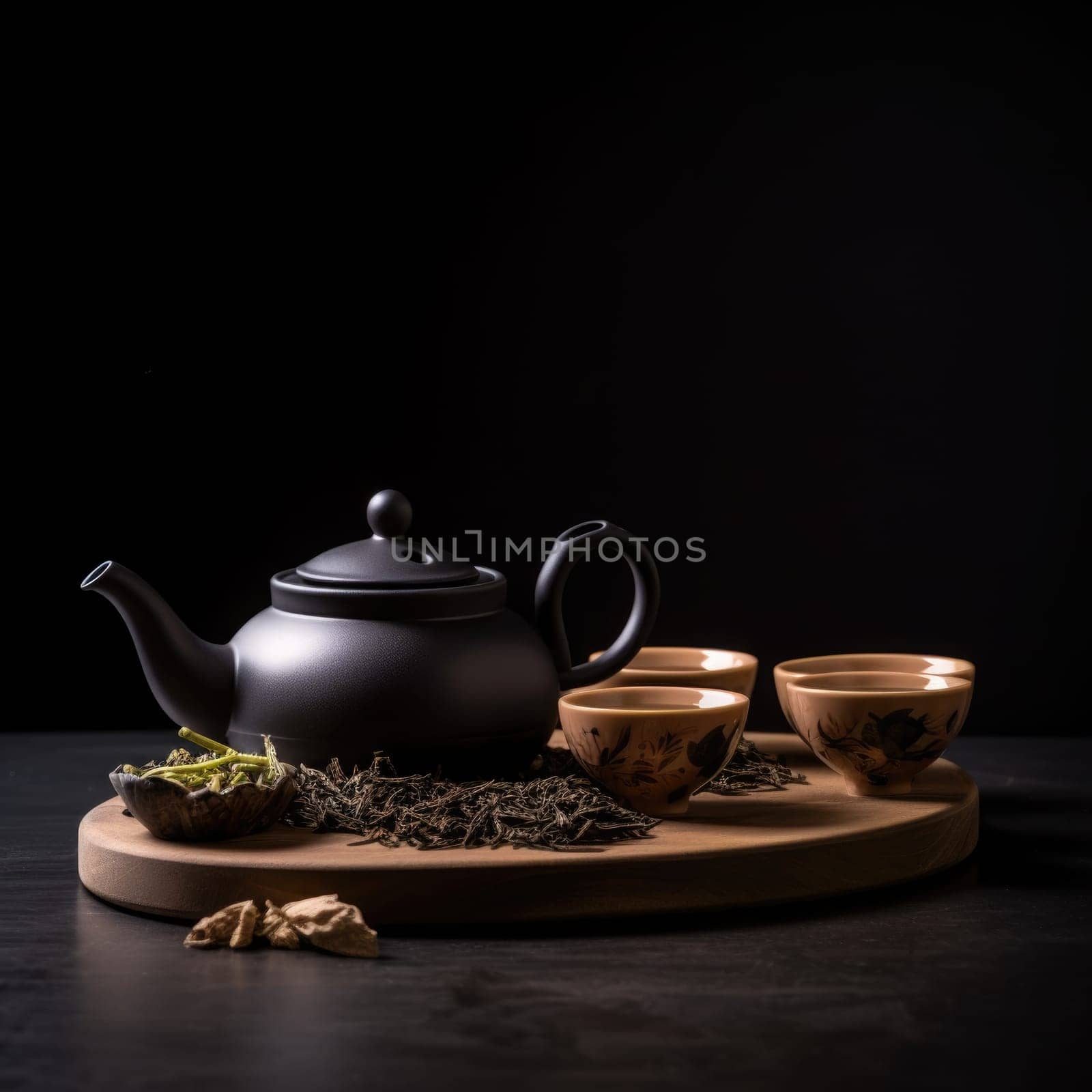 Hot Teapot And Teacups On wooden Mat. AI Generated by Desperada