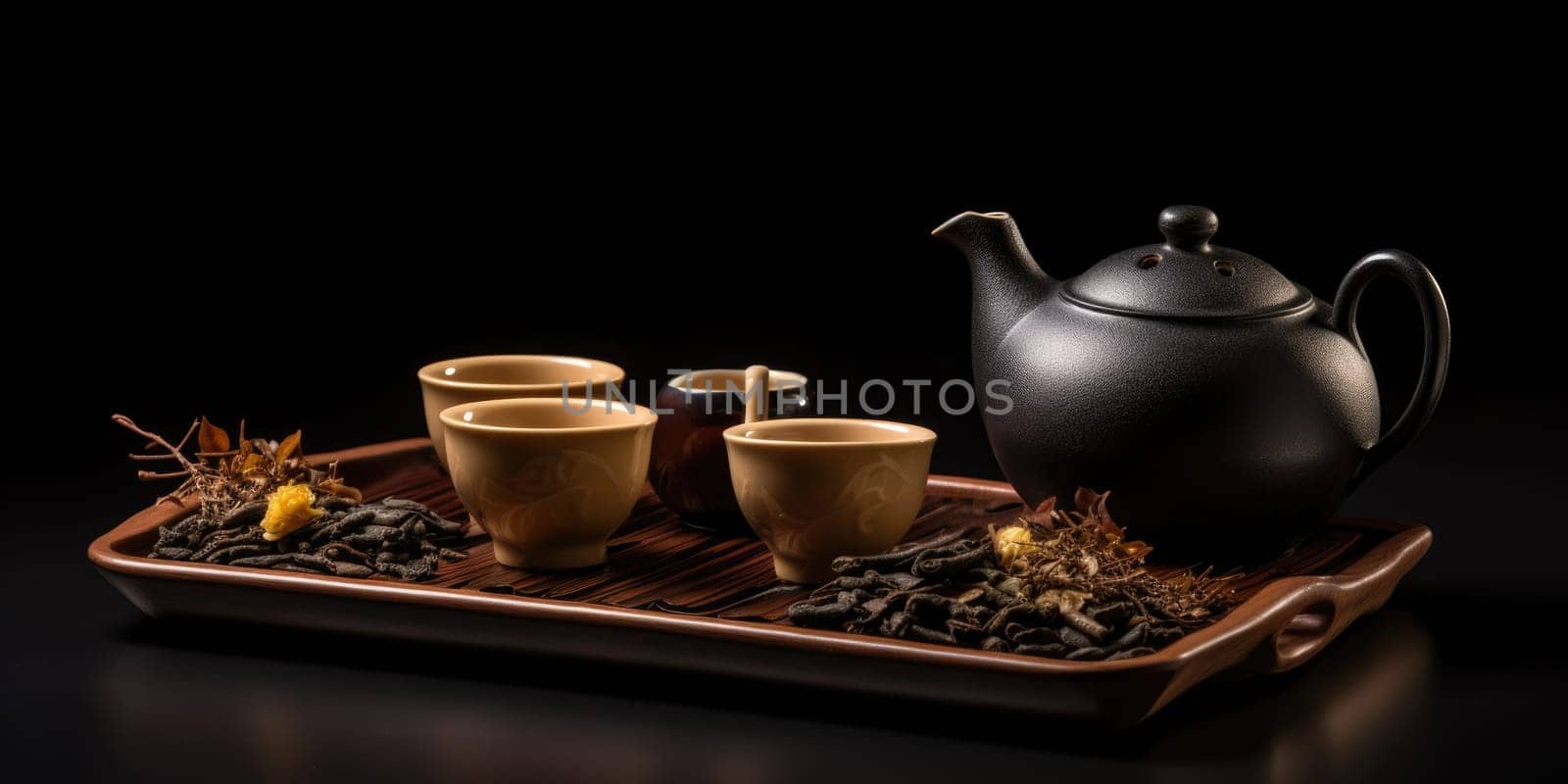 Hot Teapot And Teacups On wooden Mat, dark background. AI Generated