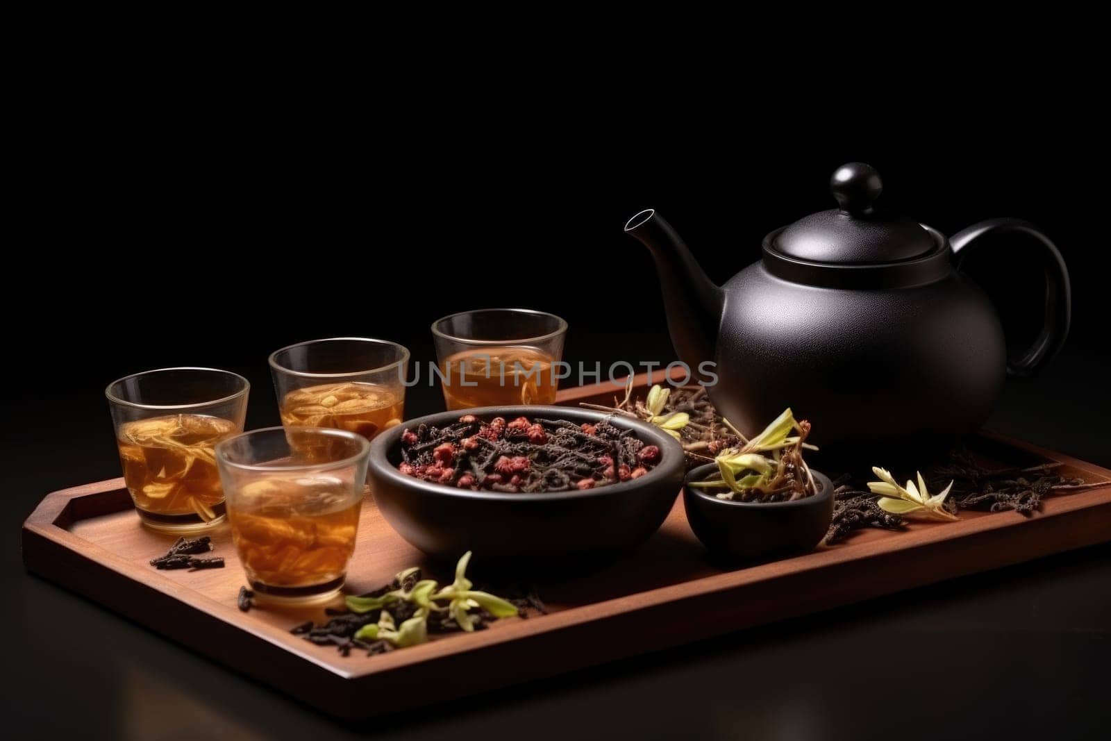 Hot Teapot And Teacups On wooden Mat, dark background. AI Generated