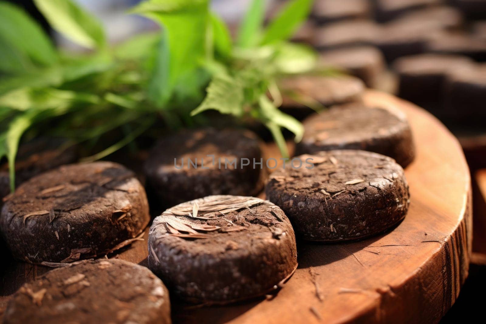 Stand with cup of puer tea on dark background, closeup. AI Generated