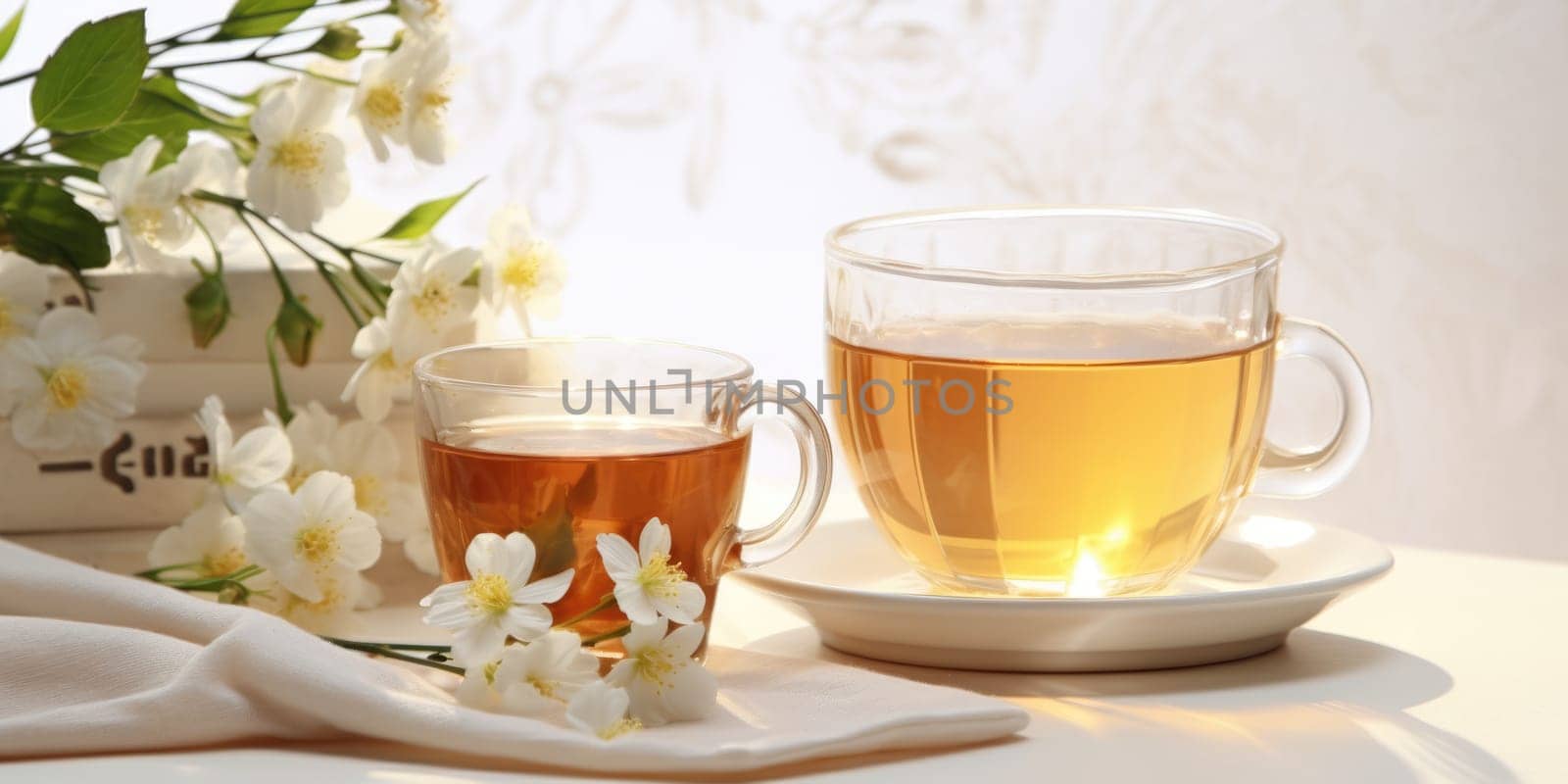 Composition with cup of jasmine tea and flowers on light background. AI Generated