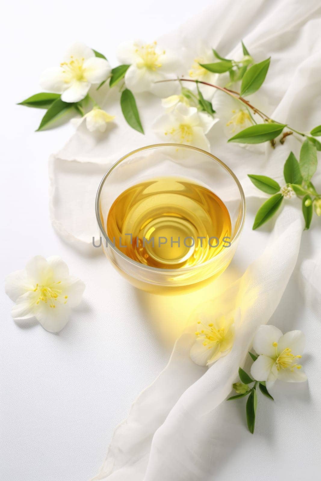 Composition with cup of jasmine tea and flowers on light background. AI Generated