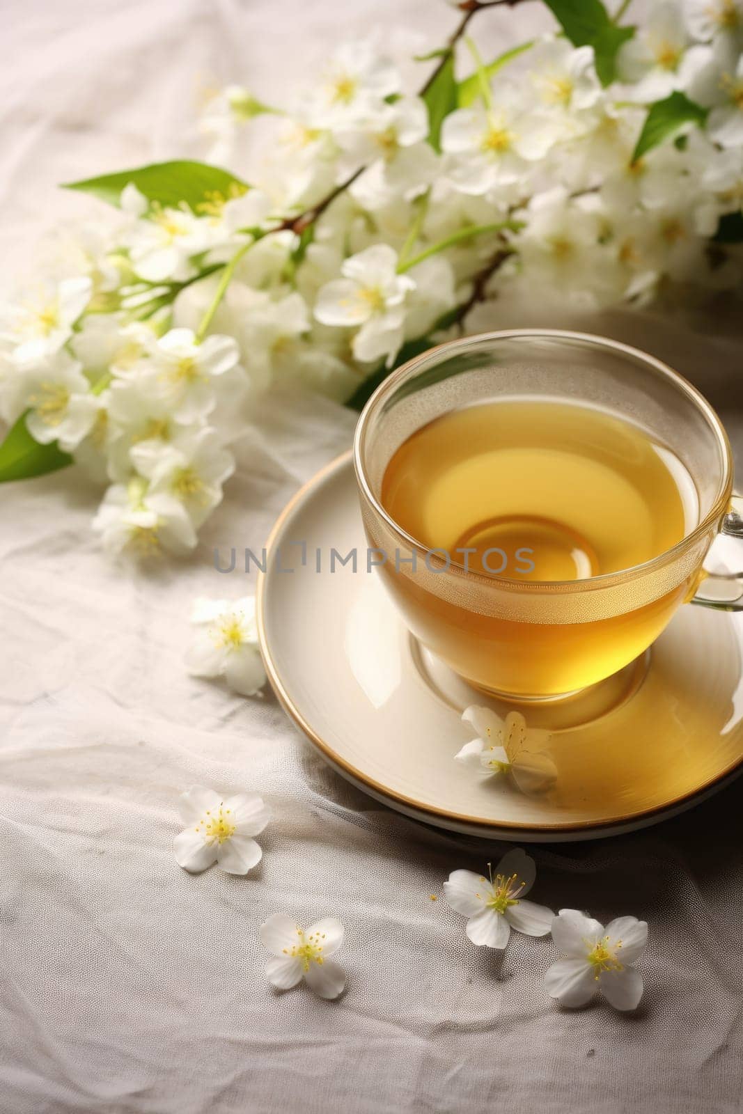 Composition with cup of jasmine tea and flowers on light background. AI Generated