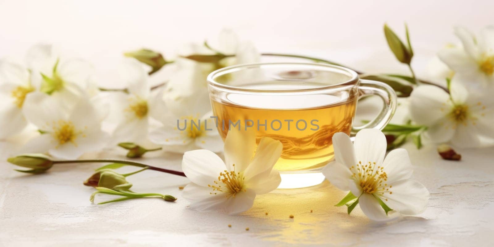 Composition with cup of jasmine tea and flowers on light background. AI Generated