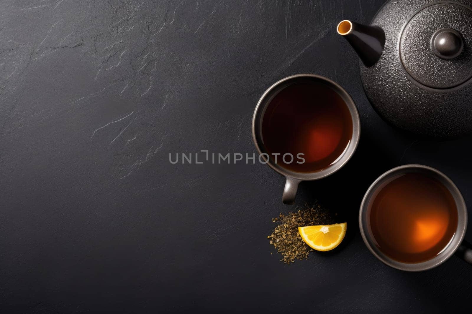 Chinese tea ceremony. Chinese Tea - Hot Teapot And Teacups On dark background. AI Generated