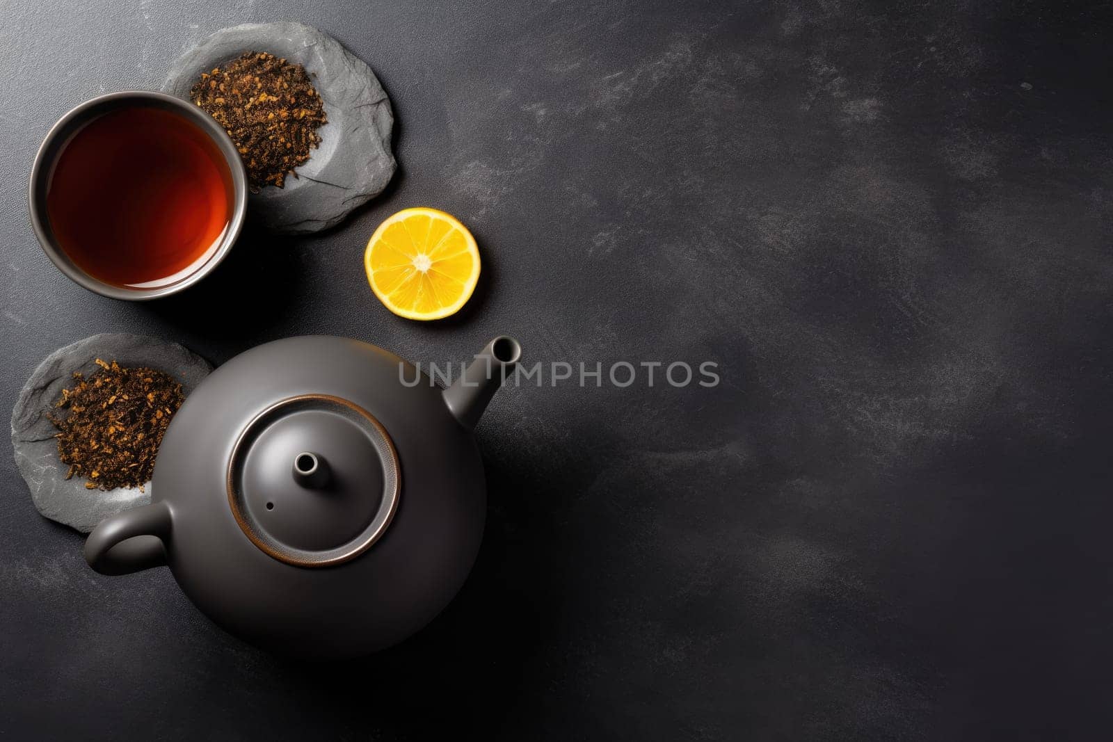 Chinese tea ceremony. Chinese Tea - Hot Teapot And Teacups On dark background. AI Generated