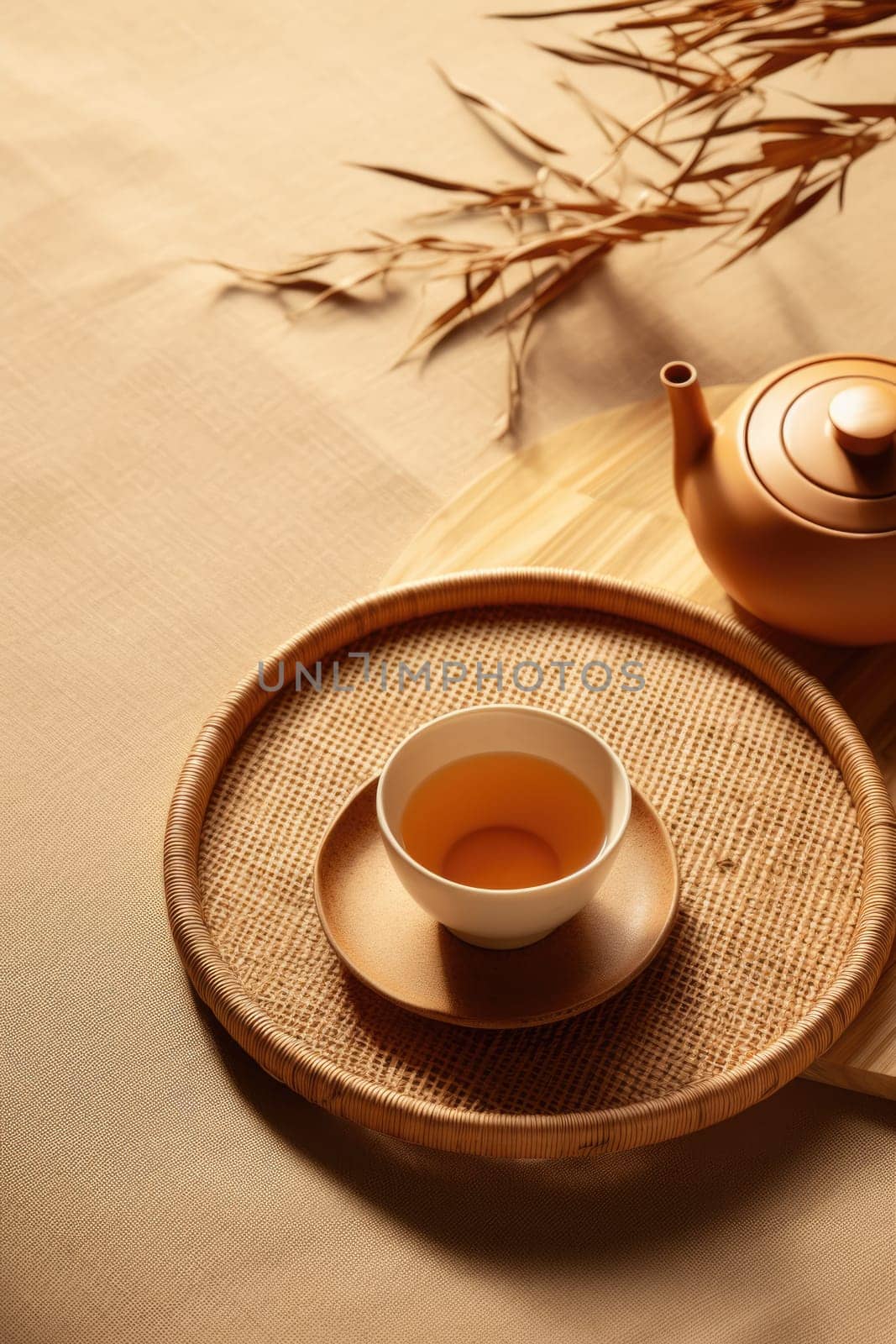 Bamboo mat with teapot and dried leaves on beige background. AI Generated by Desperada