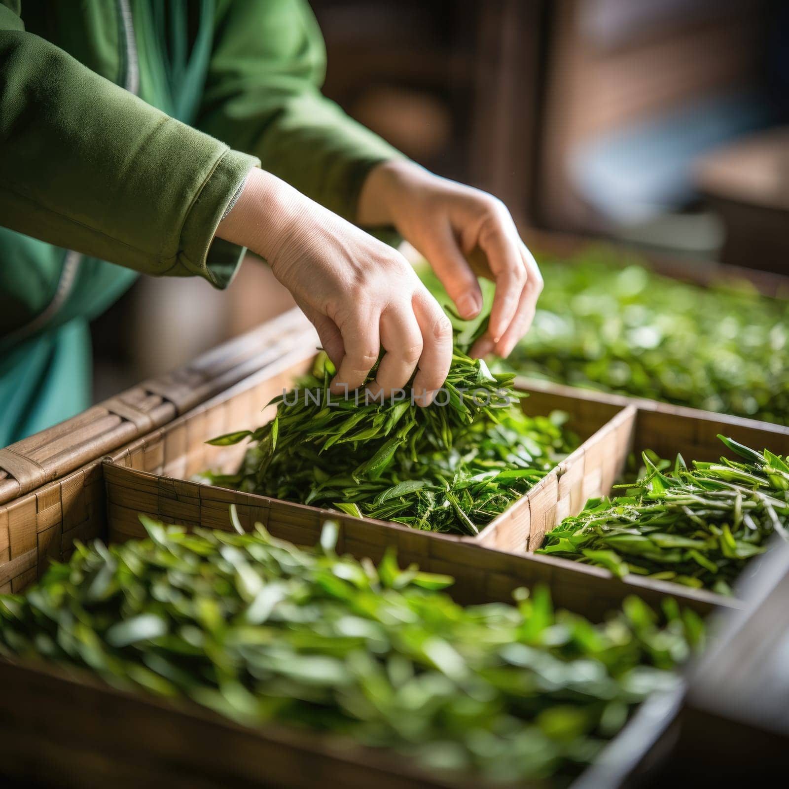 Man hands holding and sorting green tea leaves. AI Generated