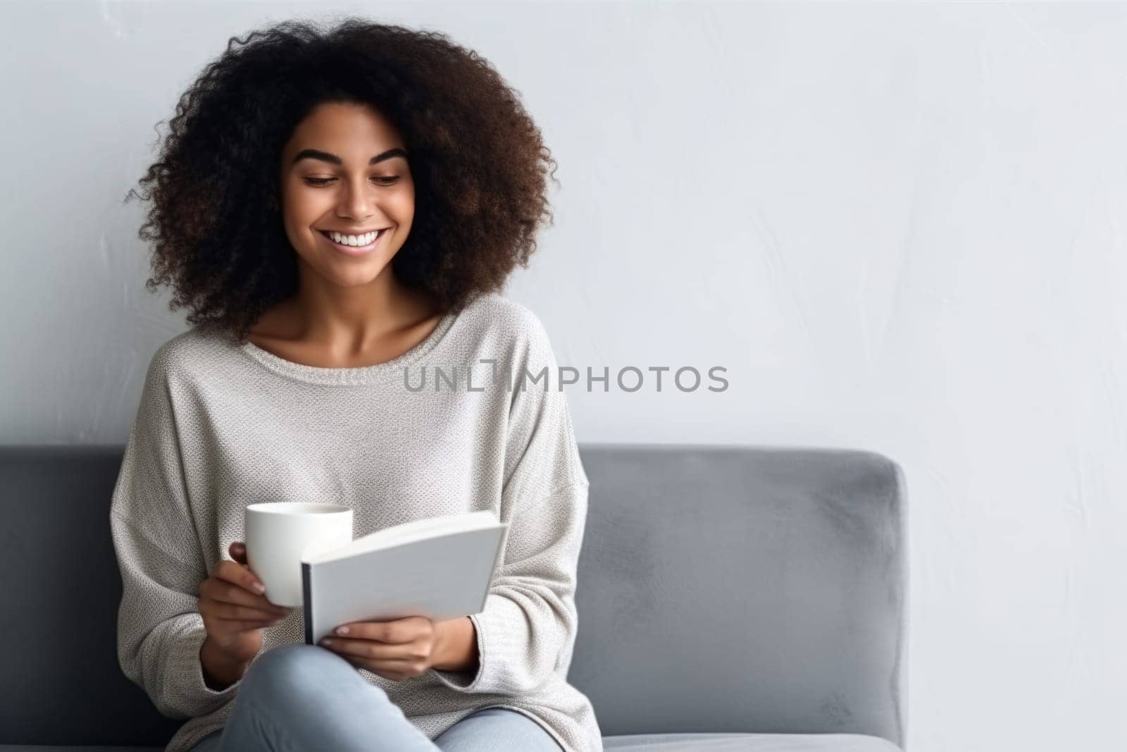 beautiful african american woman relaxing over a cup of tea and book. AI Generated