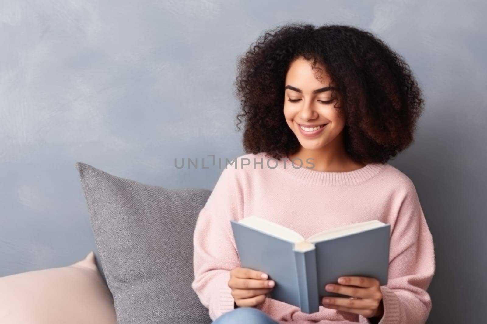 beautiful african american woman relaxing over a cup of tea and book. AI Generated