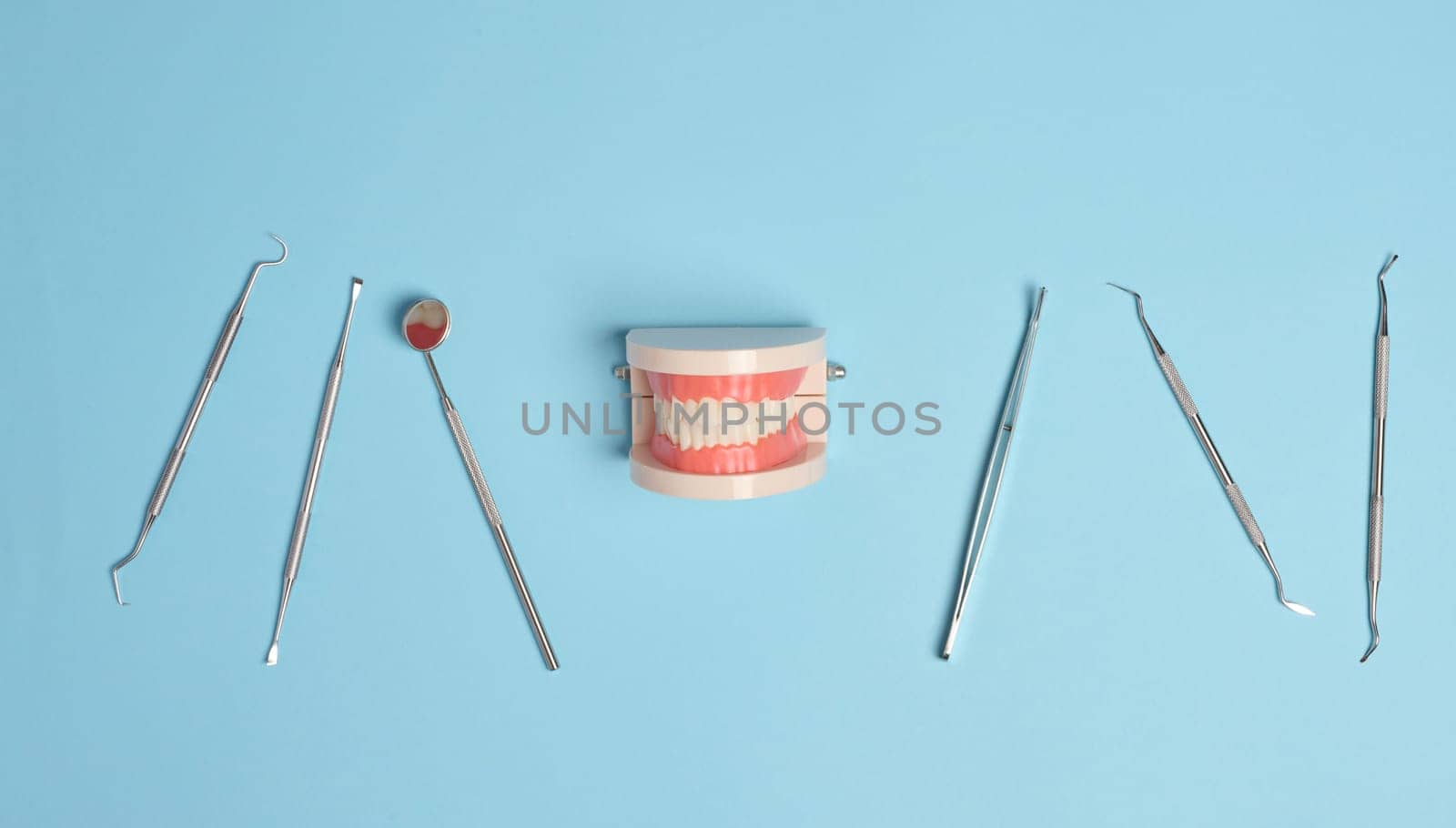 Plastic model of human jaw with white even teeth and a medical examination mirror, tweezers on a blue background by ndanko