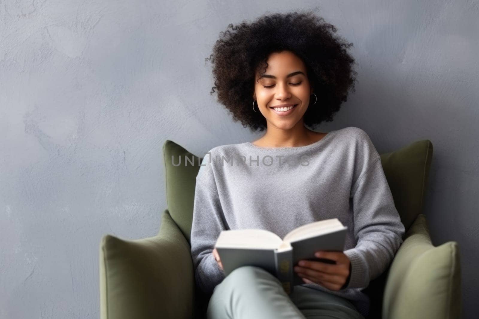 beautiful african american woman relaxing over a cup of tea and book. AI Generated