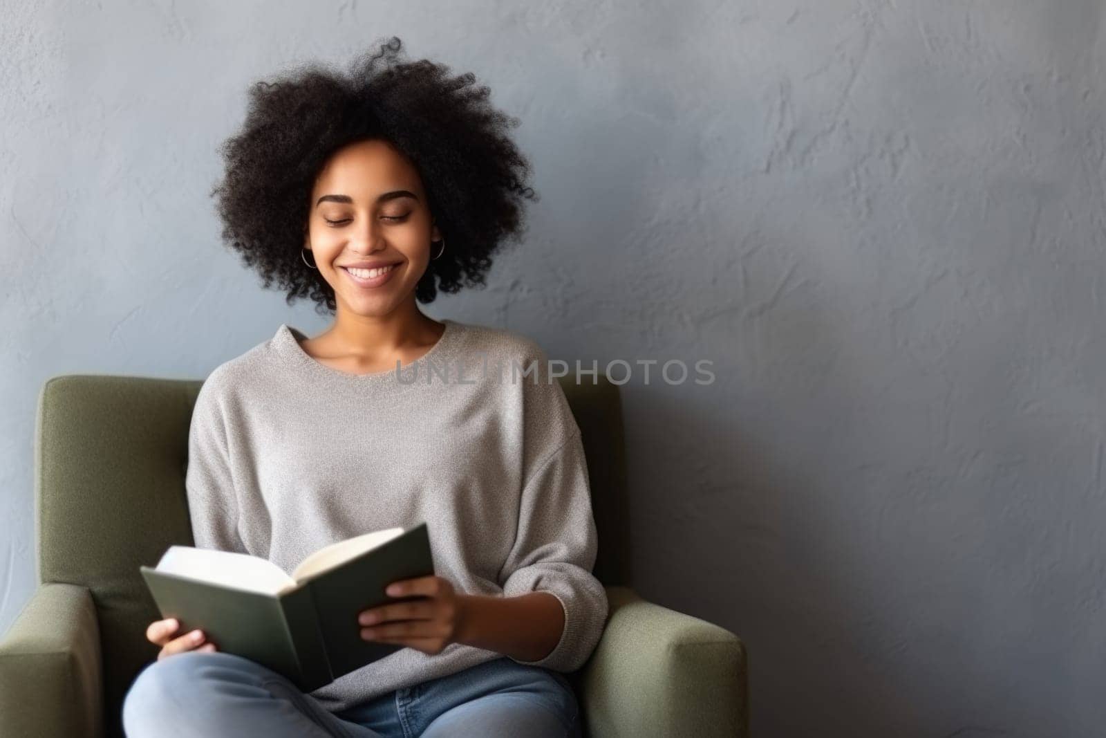 beautiful african american woman relaxing over a cup of tea and book. AI Generated