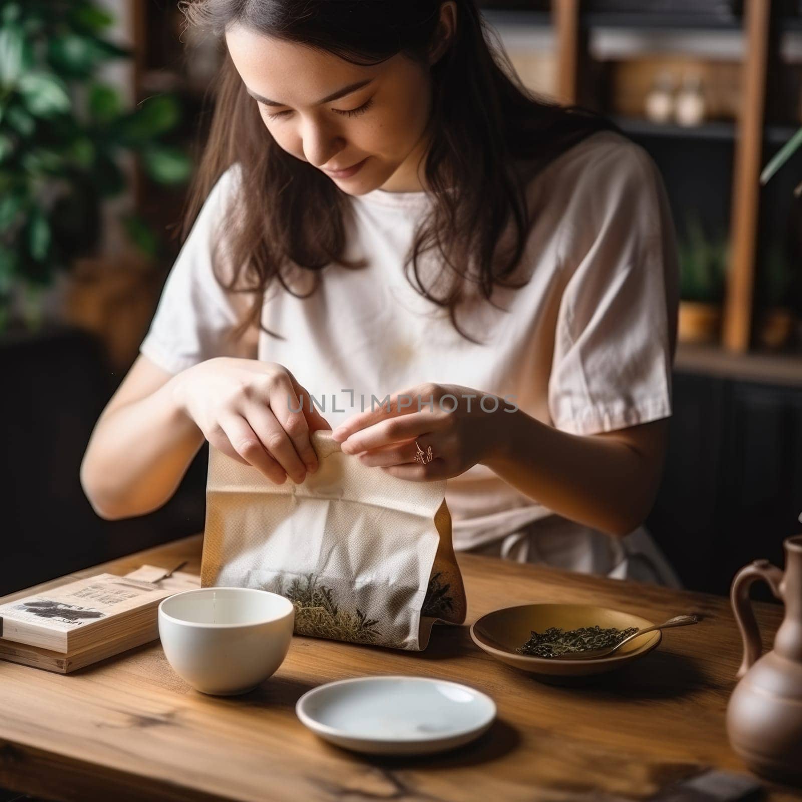 beautiful young woman packing tea to paper bag. AI Generated
