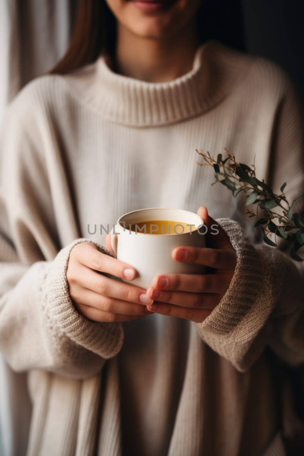 unrecognizable beautiful young woman relaxing over a cup of tea. AI Generated