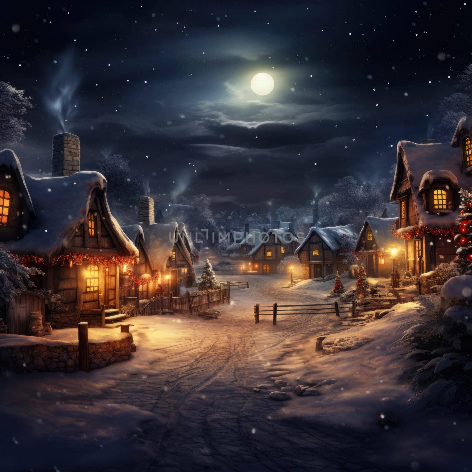 Vintage style snowy Christmas village scene street with street lamps by andreyz