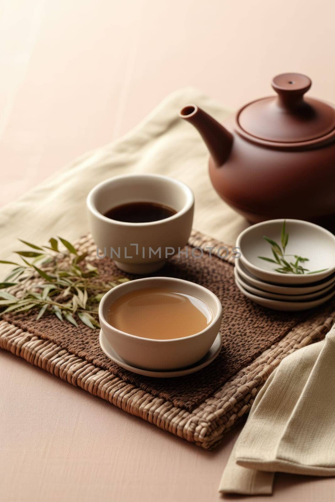 Bamboo mat with teapot and dried tea leaves on beige background. AI Generated