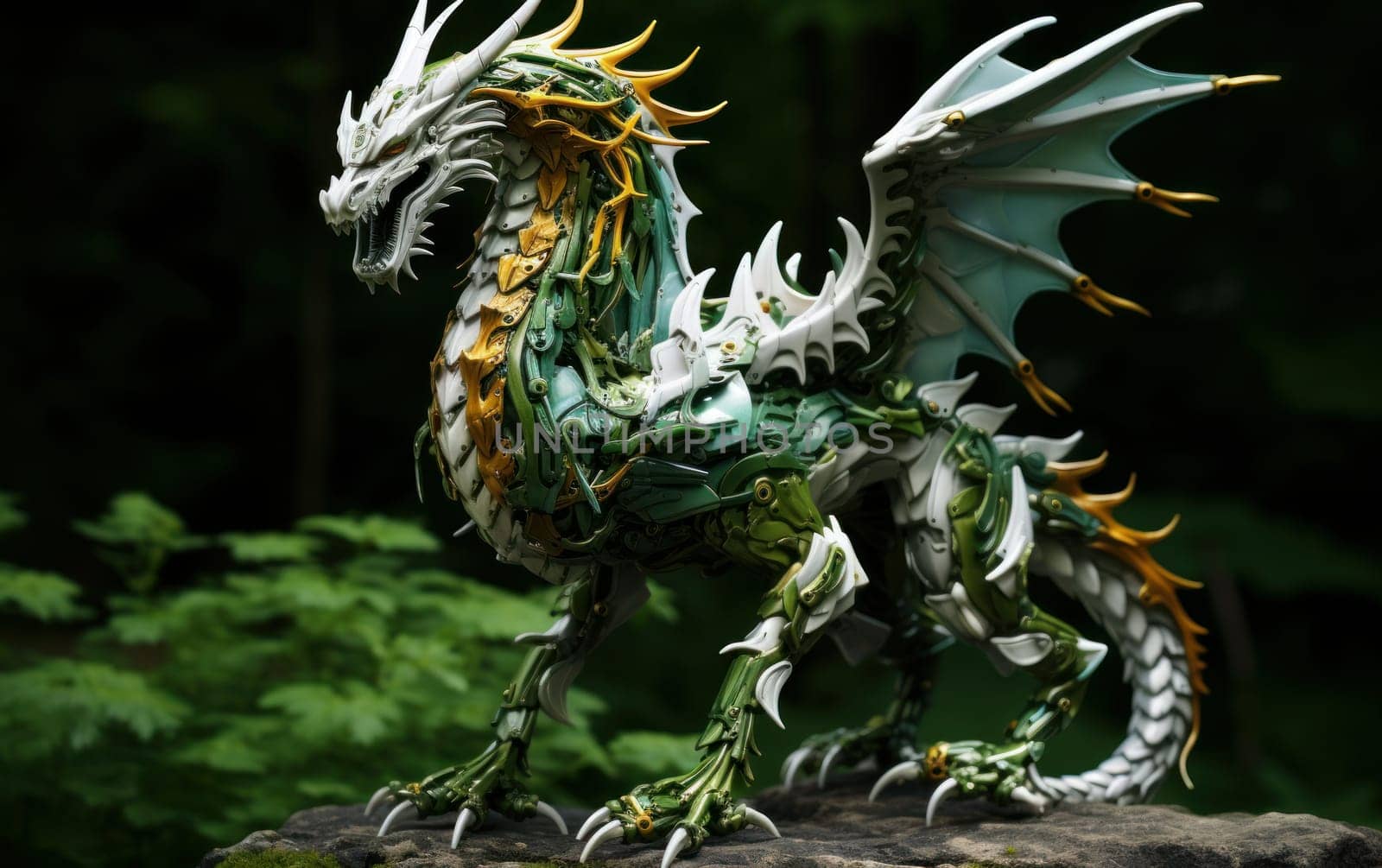 Toy dragon in hyperrealism style. Huge reptile with scales, green dragon in a fairy green forest, symbol of the year 2024. AI
