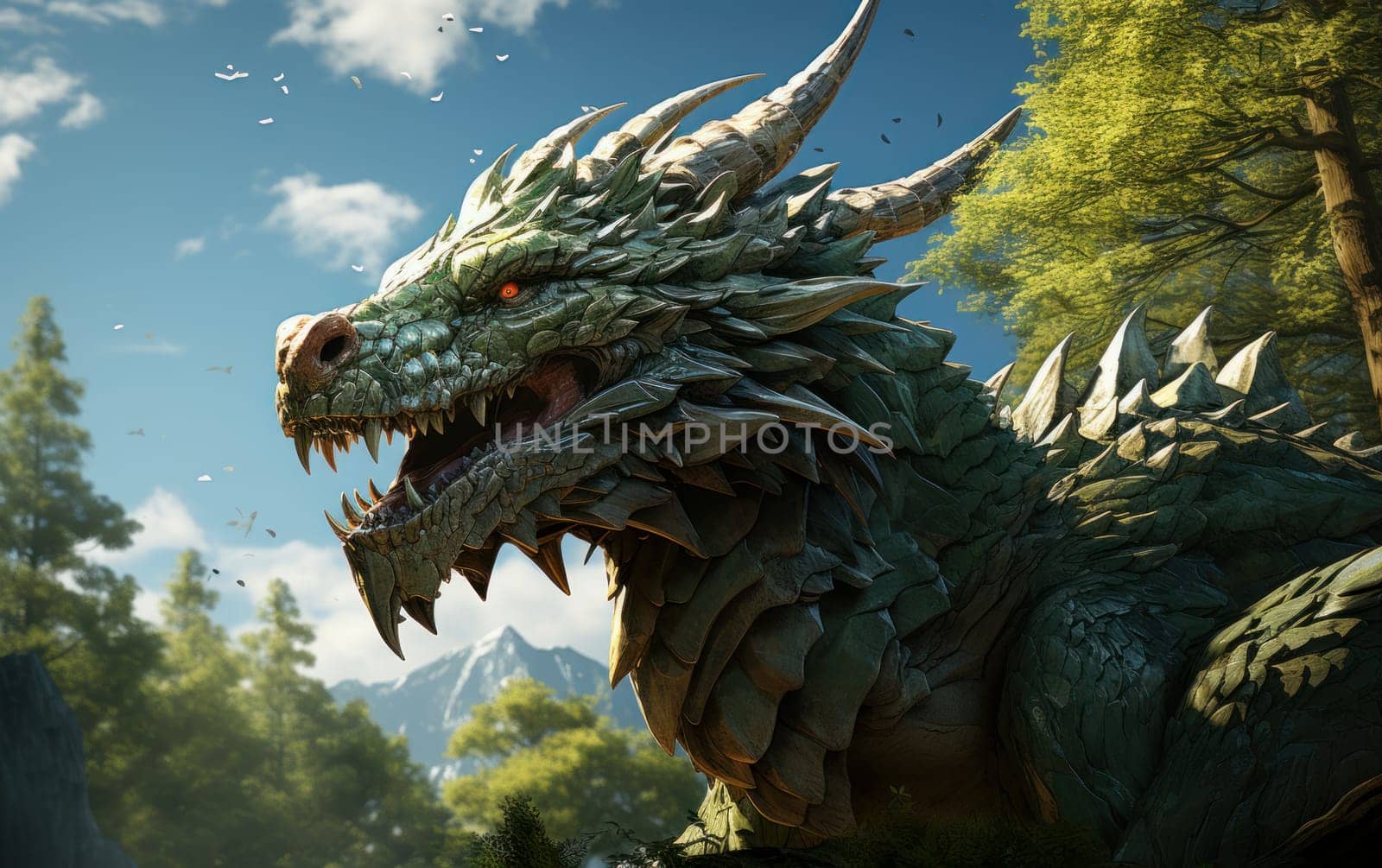 Fantasy dragon in hyperrealism style. Huge reptile with scales, green dragon in a fairy green forest, symbol of the year 2024. AI