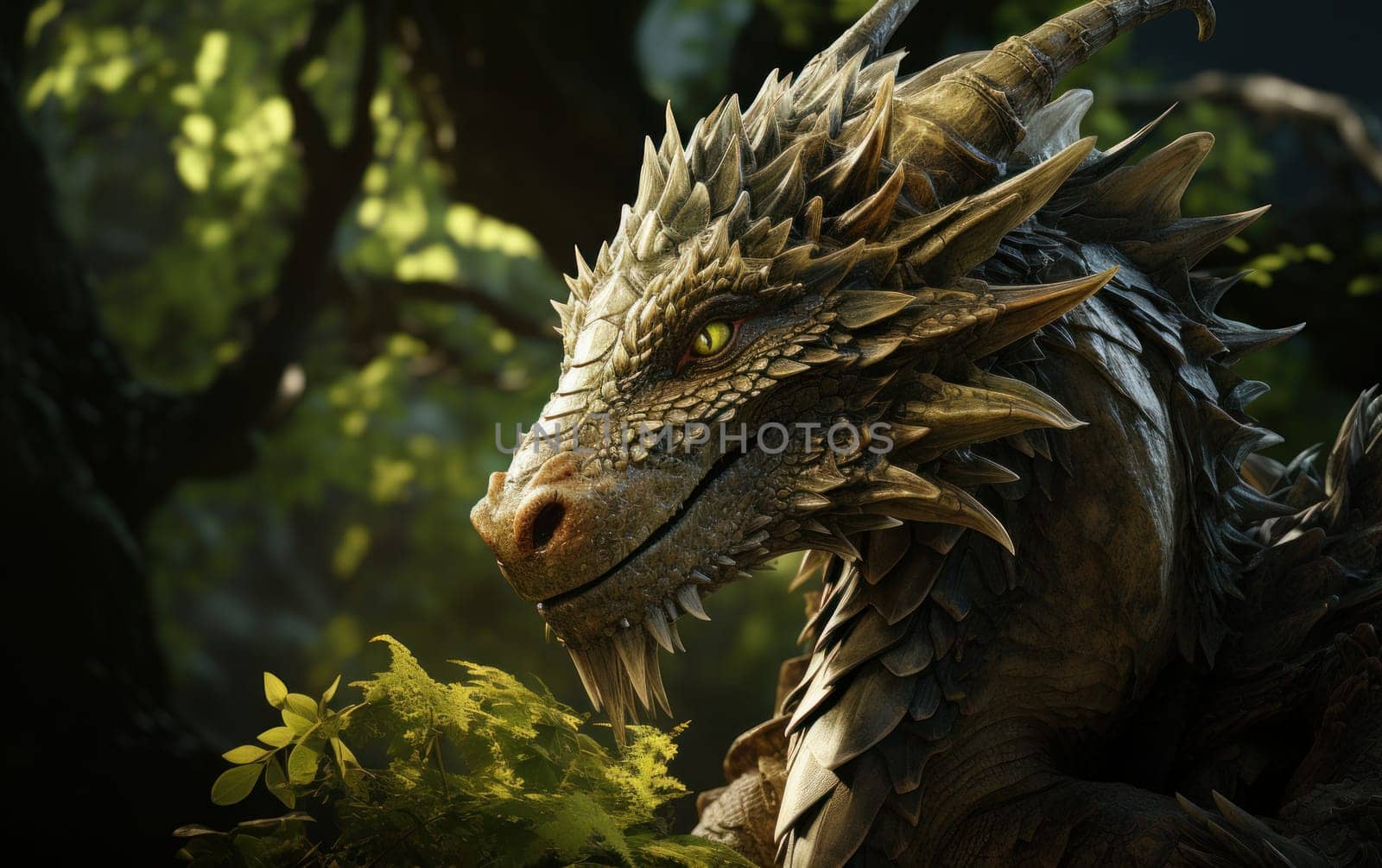 Green dragon in the forest, symbol of the year 2024, AI by but_photo