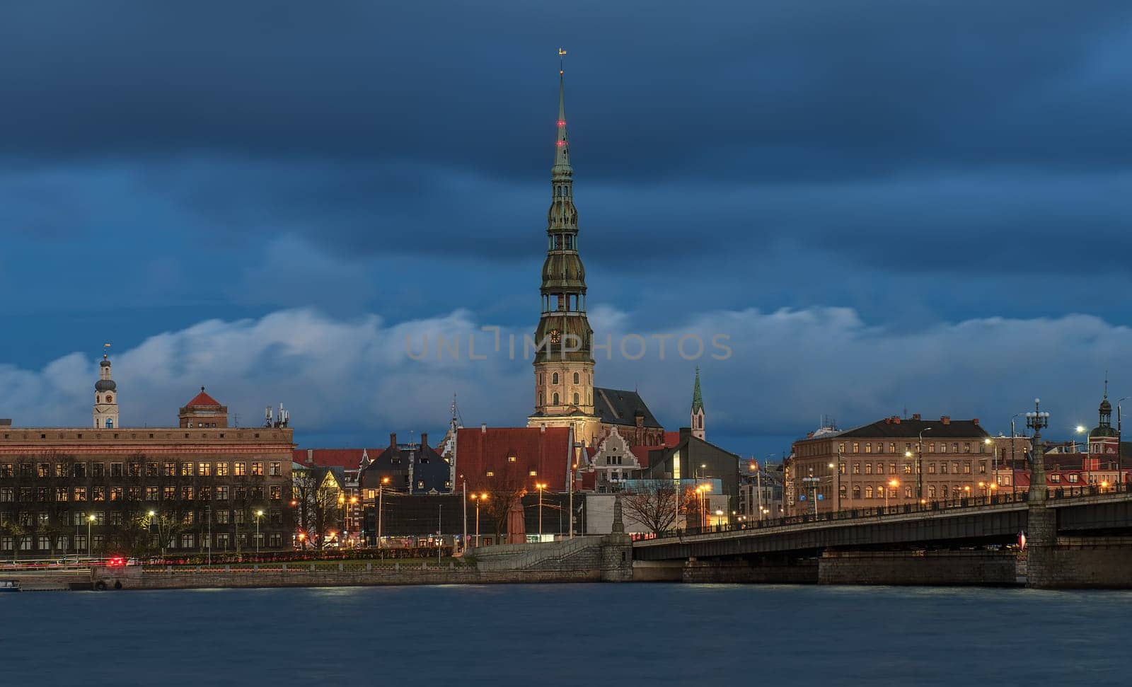 view of Old Riga across the Daugava River, view of St. Peter's Church and Town Hall Square