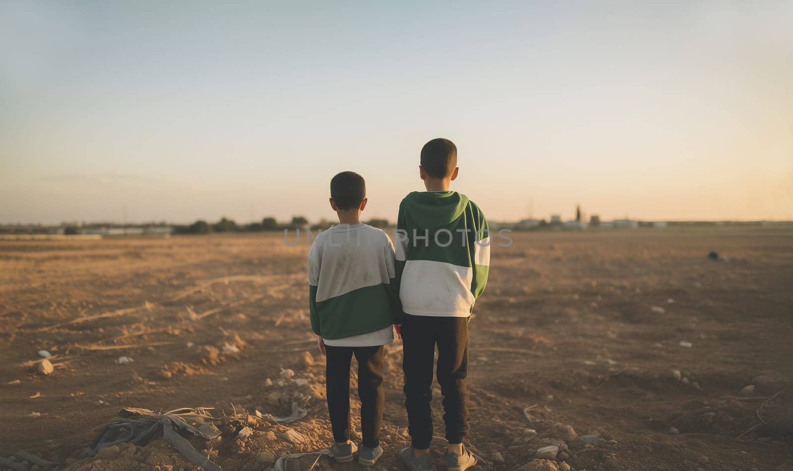 Back View of Two Hungry Boys in Dirty Clothes Standing Lonely in Empty Field, Destroyed City on Background. War, Poverty, Street Children . Horizontal Ai Generated. High quality photo