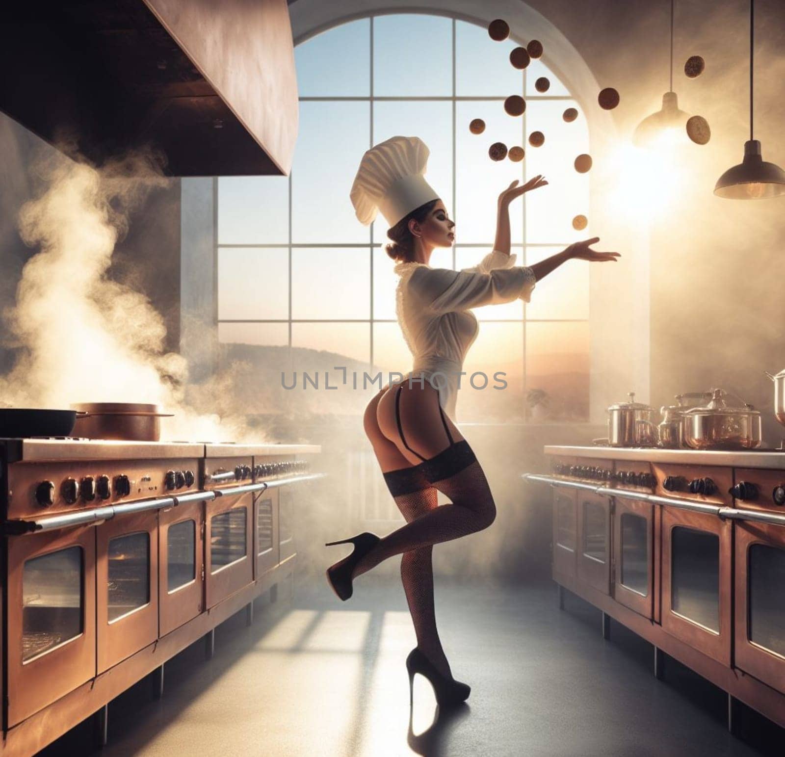 glamourous chef in steampunk kitchen with windiwn natural light cooking posing dancing singing illustration generative ai art