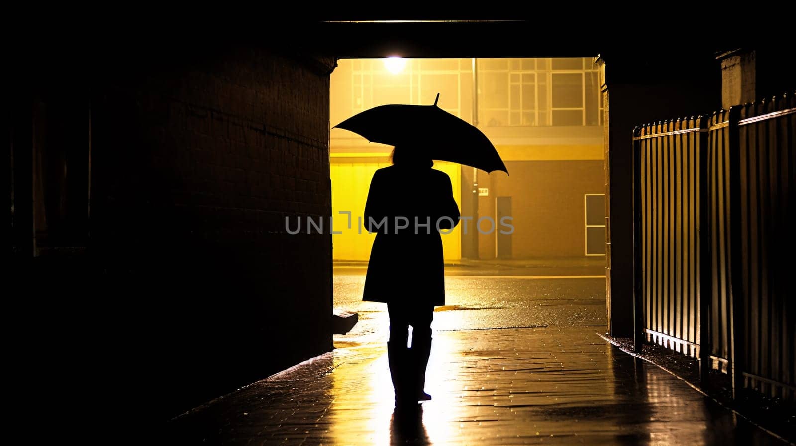 Woman under the rain with an umbrella walking in a dark street - Sepia toned image