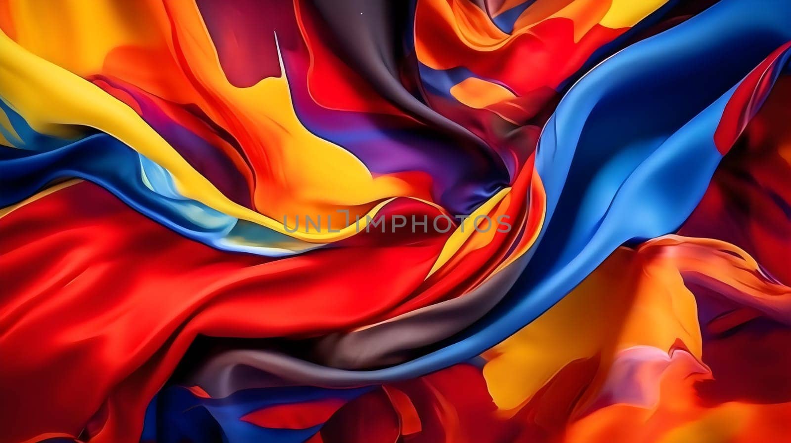 Vibrant silk waves of abstract art dance on a colorful fabric, beckoning to be transformed into clothing that embodies the wild and fluid nature of its creator
