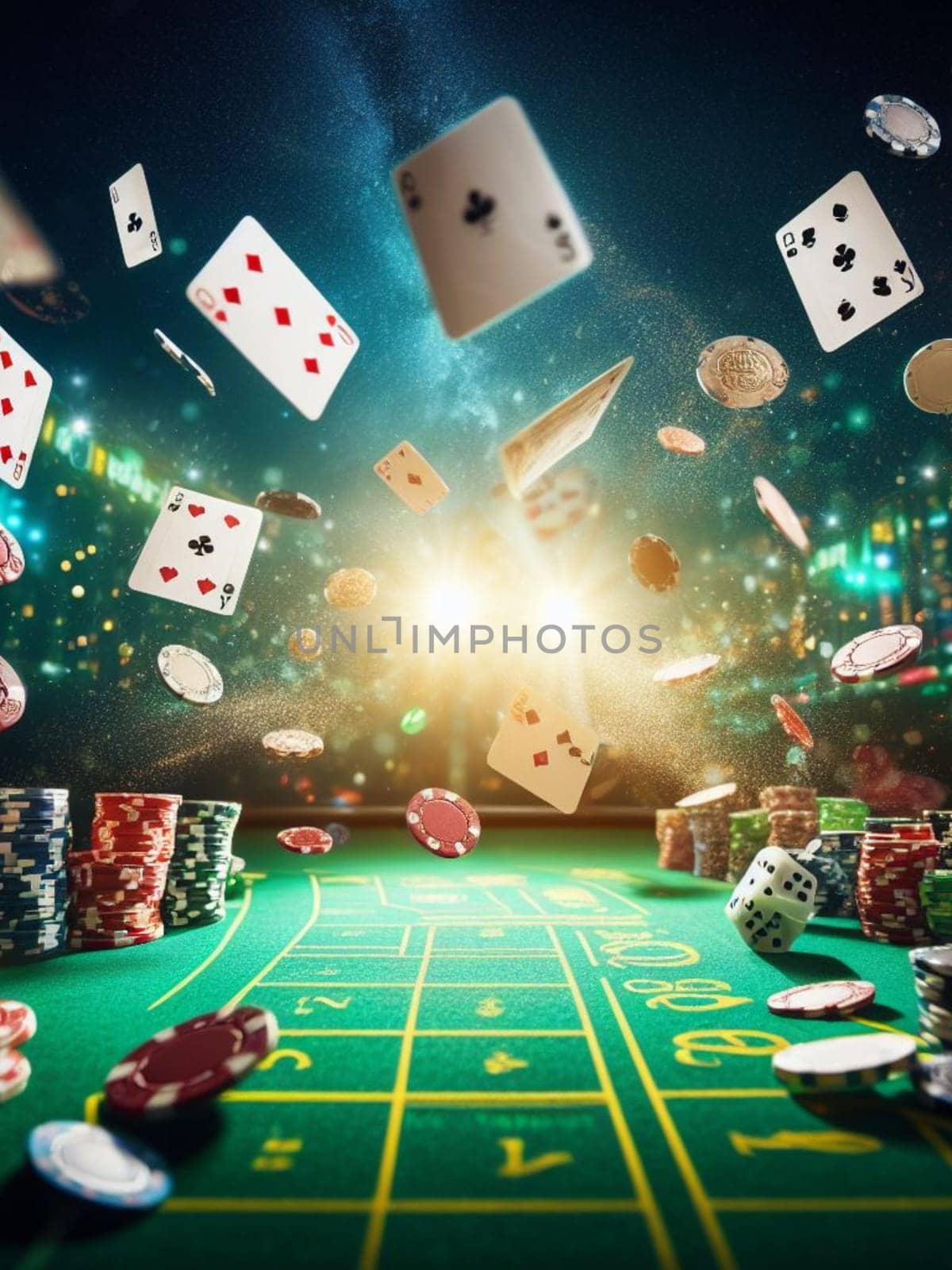 casino scene on a gaming table, freeze action fly dice, cards and chips, dark, bokeh , human hand by verbano