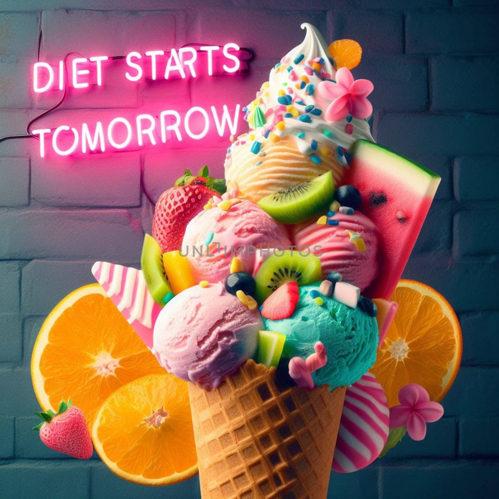 a cone full of fresh icecream gelato and big pieces of tropical fruits and a diet sign by verbano