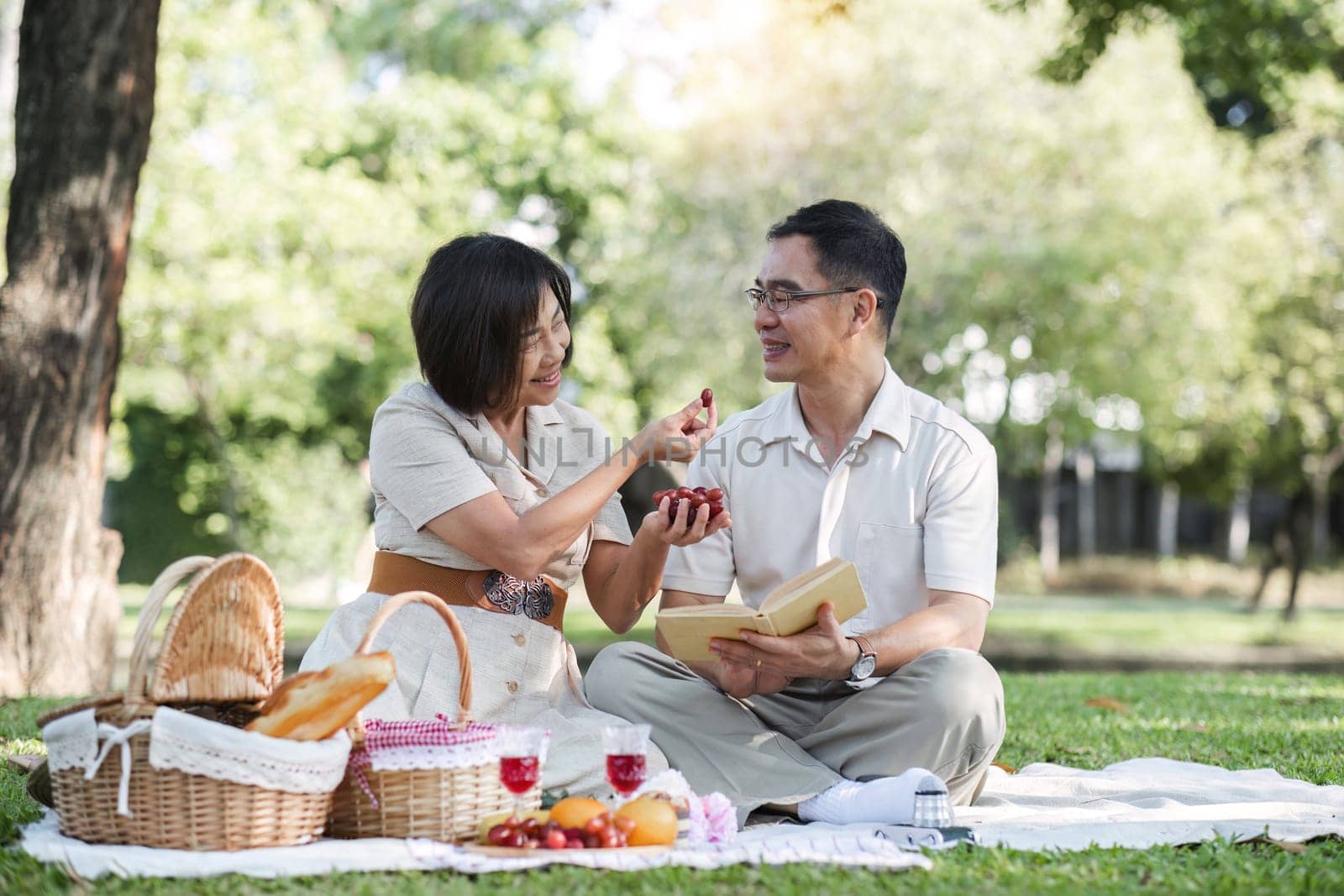 Senior couple picnicking in the park showing their love, support or reconnecting after retirement in a relaxed park. And elderly men and women happily sit on mats in the backyard to rest..