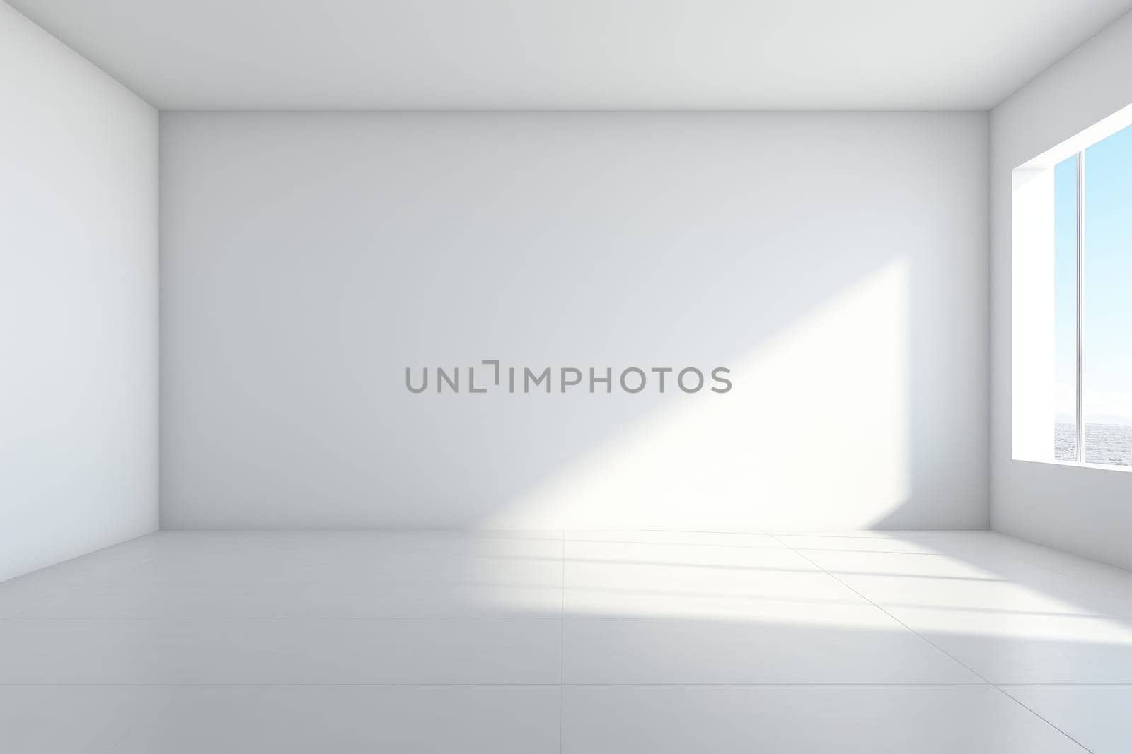 Empty room and wall and wooden floor with interesting with glare from the window. Interior background for the presentation. Generative AI by itchaznong