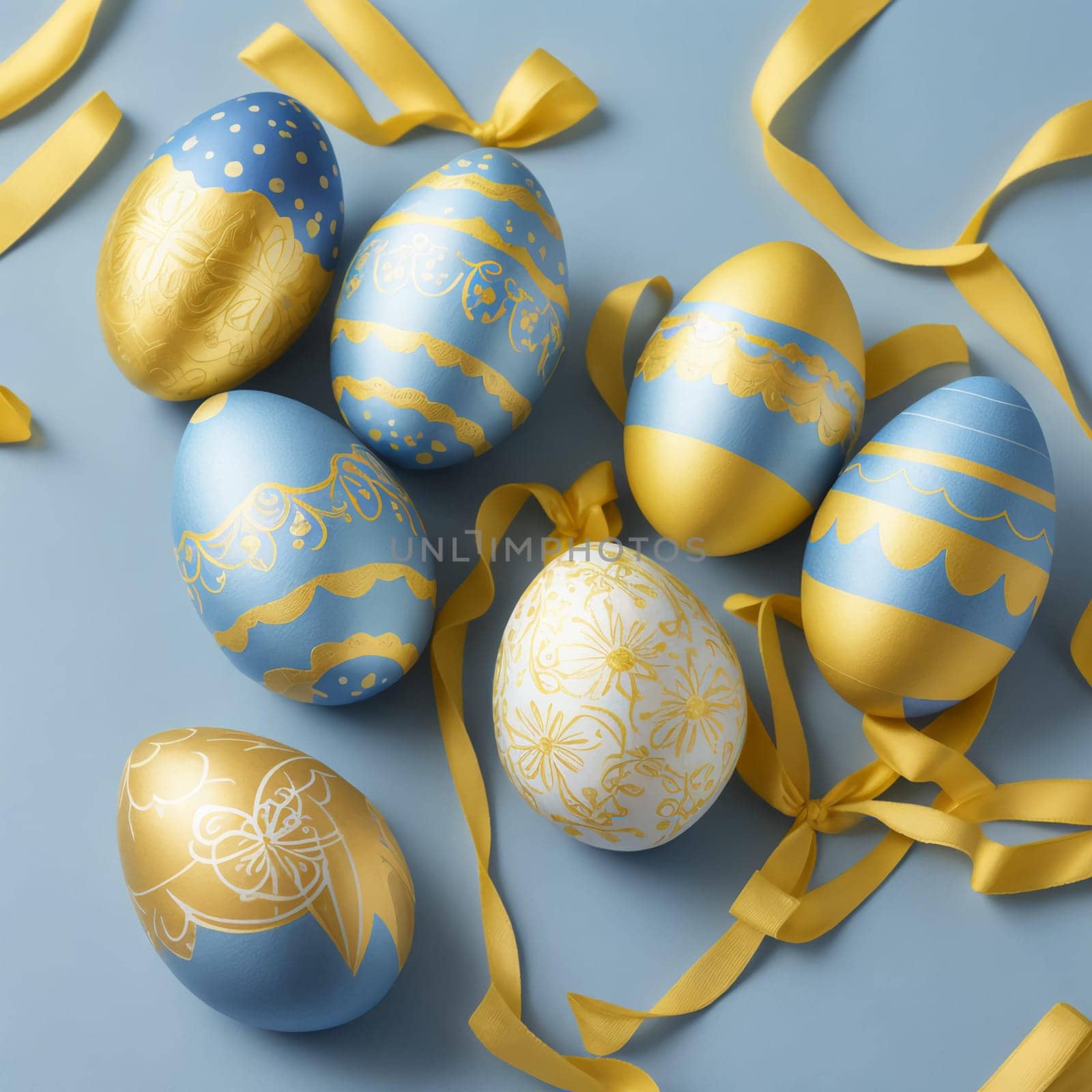 easter eggs in fashionable classic blue and gold colors, decorated with a striped pattern on a blue background,Easter greeting card