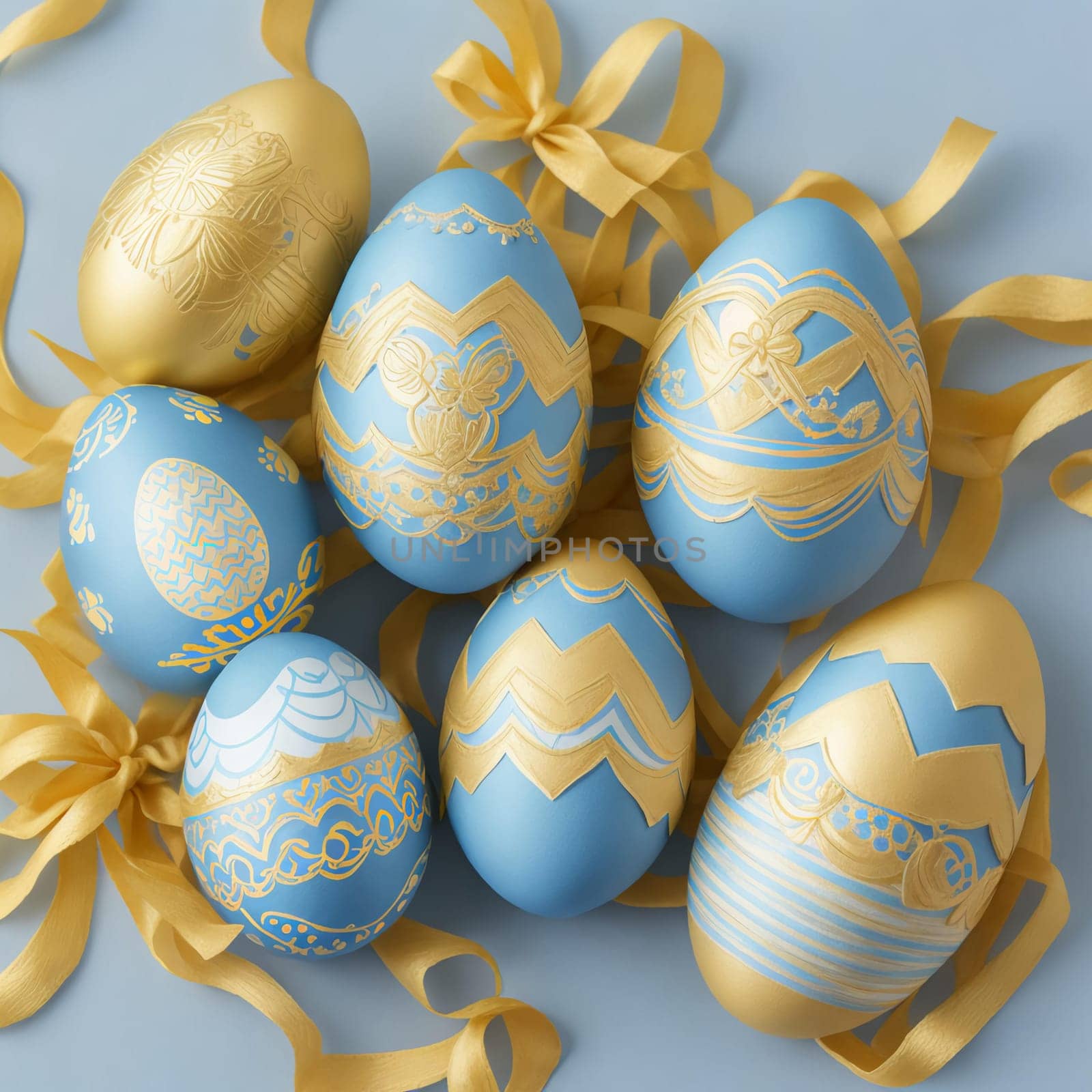 easter eggs in fashionable classic blue and gold colors, decorated with a striped pattern on a blue background,Easter greeting card