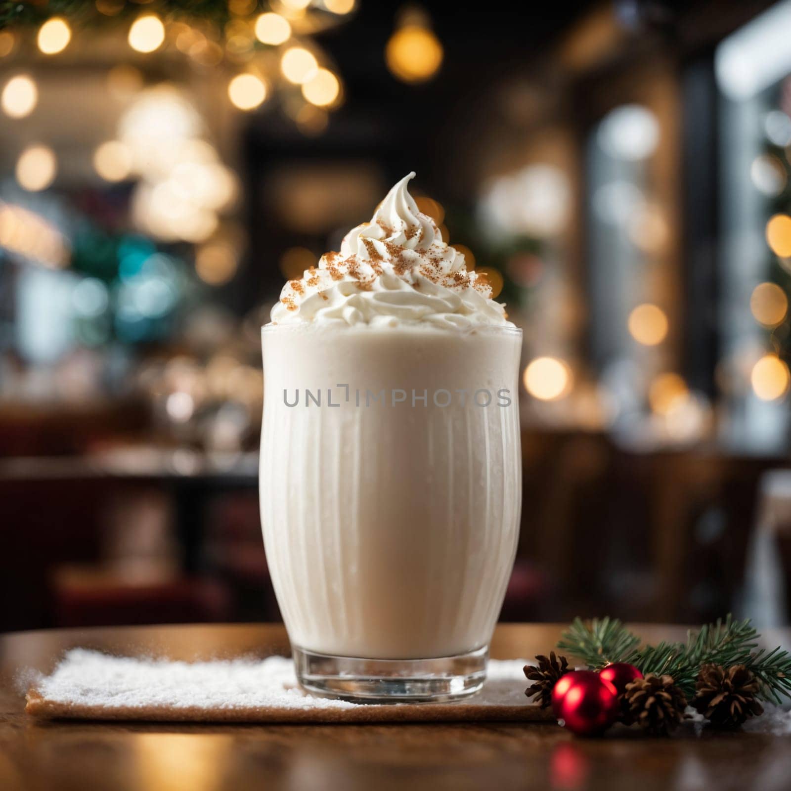 the image of a beautiful glass with a white milkshake on the Christmas table with cookies and sweets on it